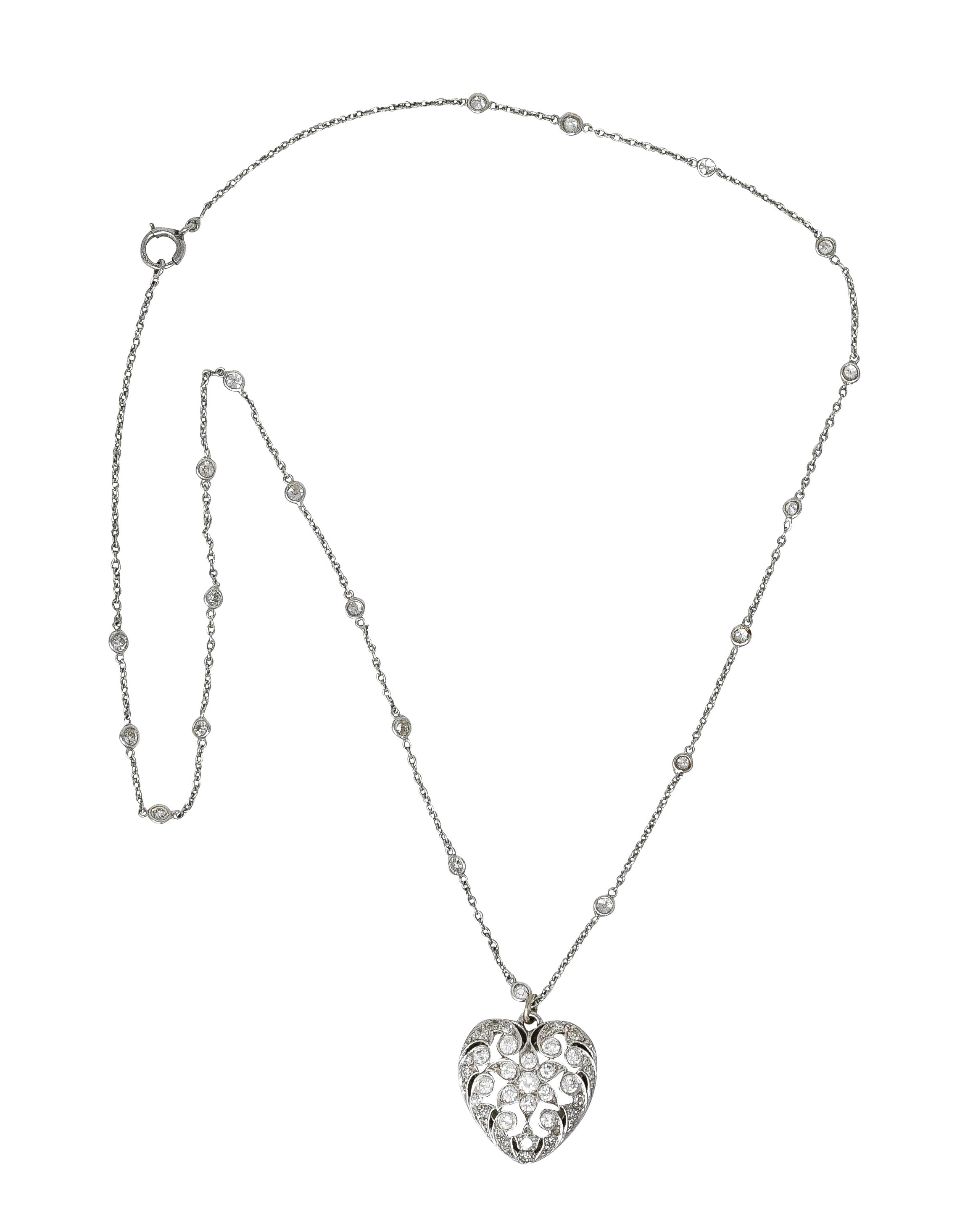 Black Starr & Frost Art Deco 1.60 CTW Diamond Carved Rock Crystal Platinum Floral Heart Antique Pendant Necklace Wilson's Estate Jewelry