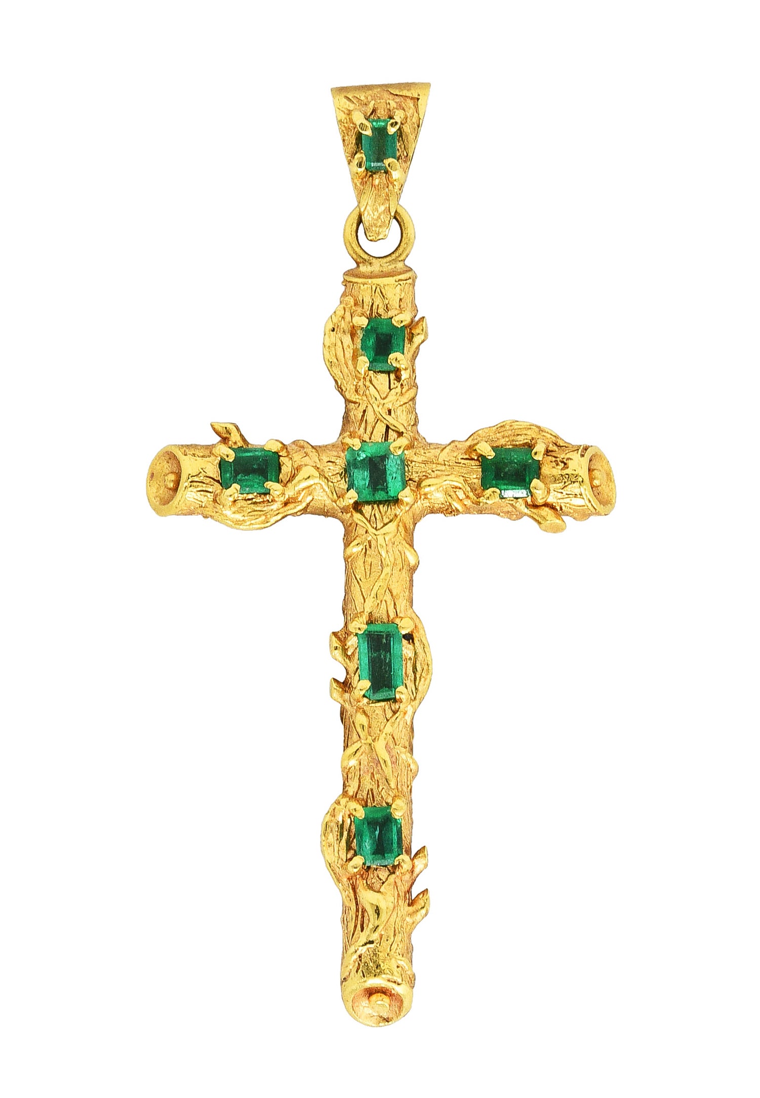 Antique Arts & Crafts 0.75 CTW Emerald 18 Karat Gold Cross PendantNecklace - Wilson's Estate Jewelry