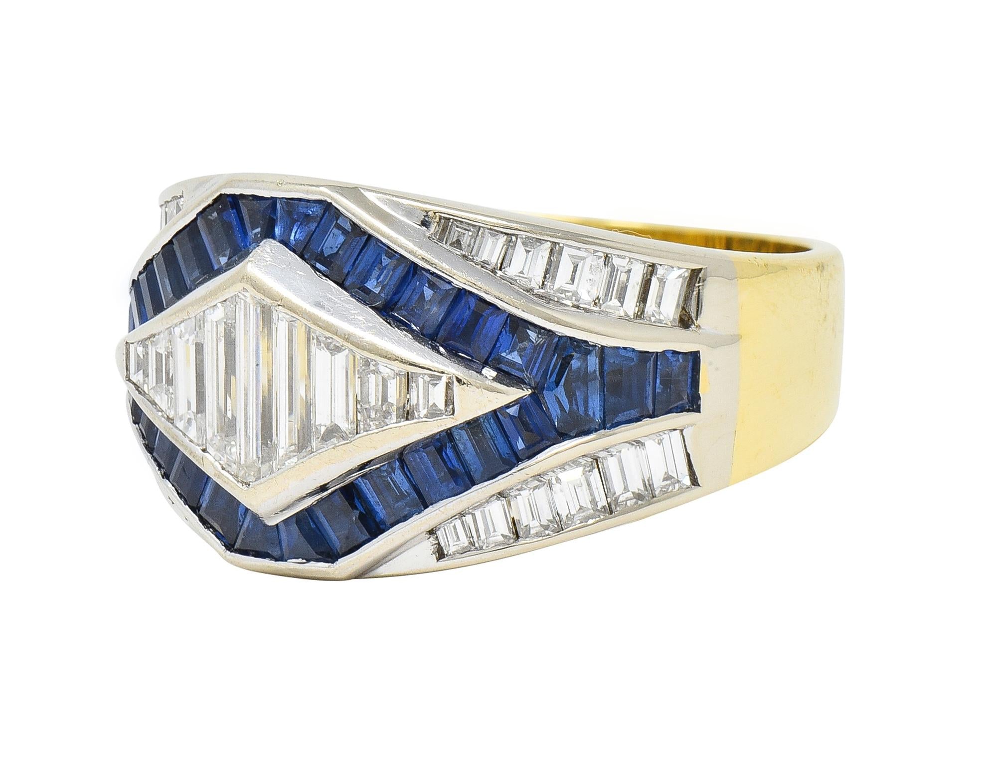 1990's 3.86 CTW Sapphire Diamond 18 Karat Two-Tone Gold Channel Band Ring