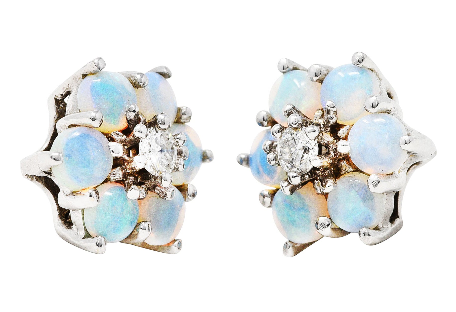 Cluster Diamond Opal 14 Karat White Gold Flower Stud EarringsEarrings - Wilson's Estate Jewelry