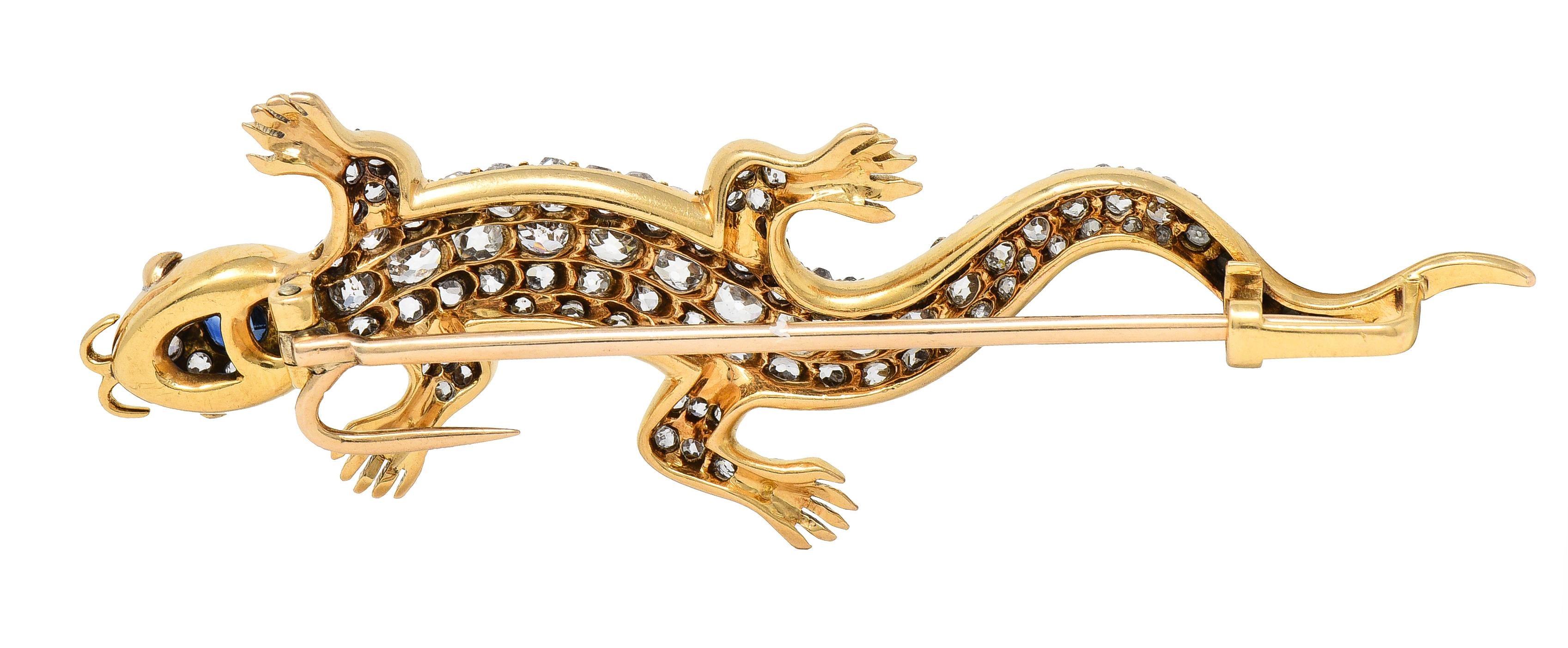 Victorian Sapphire Diamond Ruby 18 Karat Gold Antique Salamander Brooch