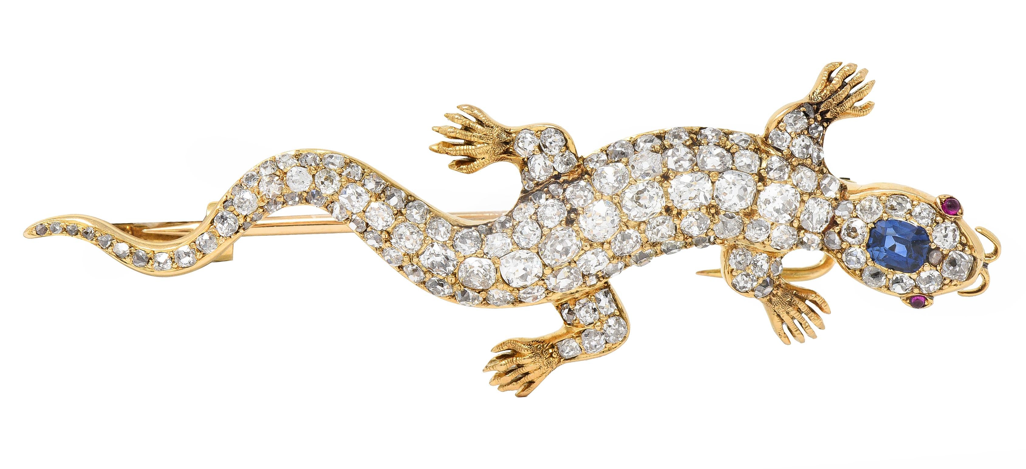 Victorian Sapphire Diamond Ruby 18 Karat Gold Antique Salamander Brooch