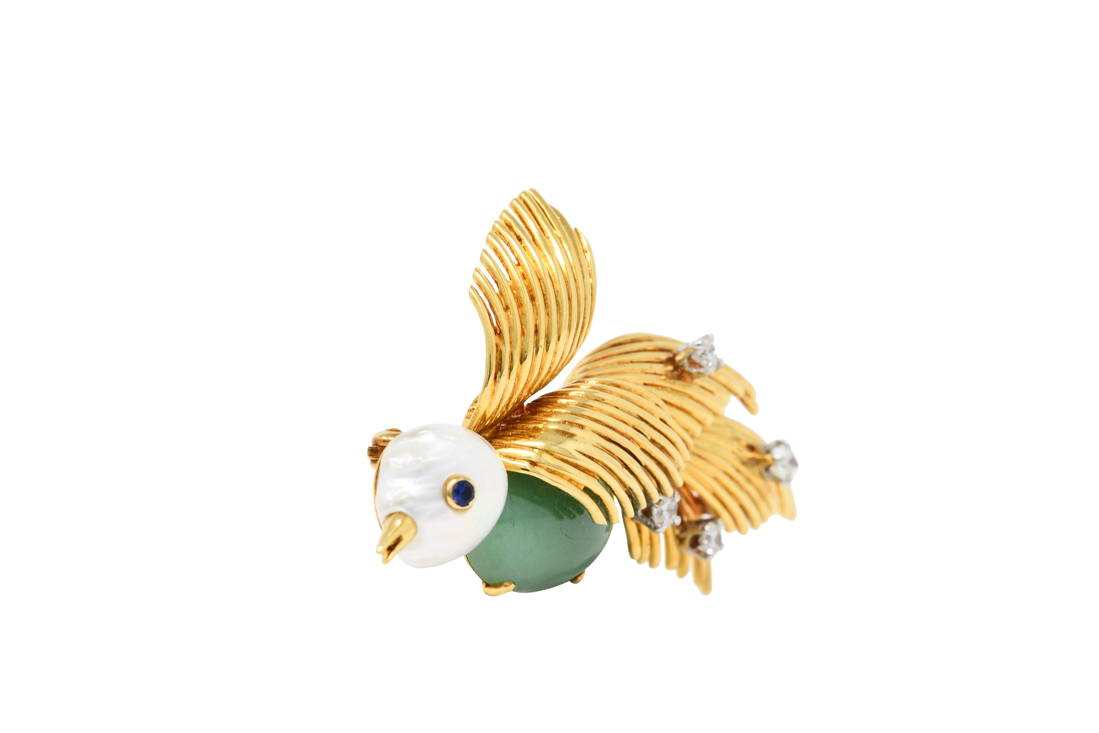 Ruser Jade Baroque Pearl Diamond Sapphire Platinum 18 Karat Gold Bird Brooch Circa 1960Brooch - Wilson's Estate Jewelry