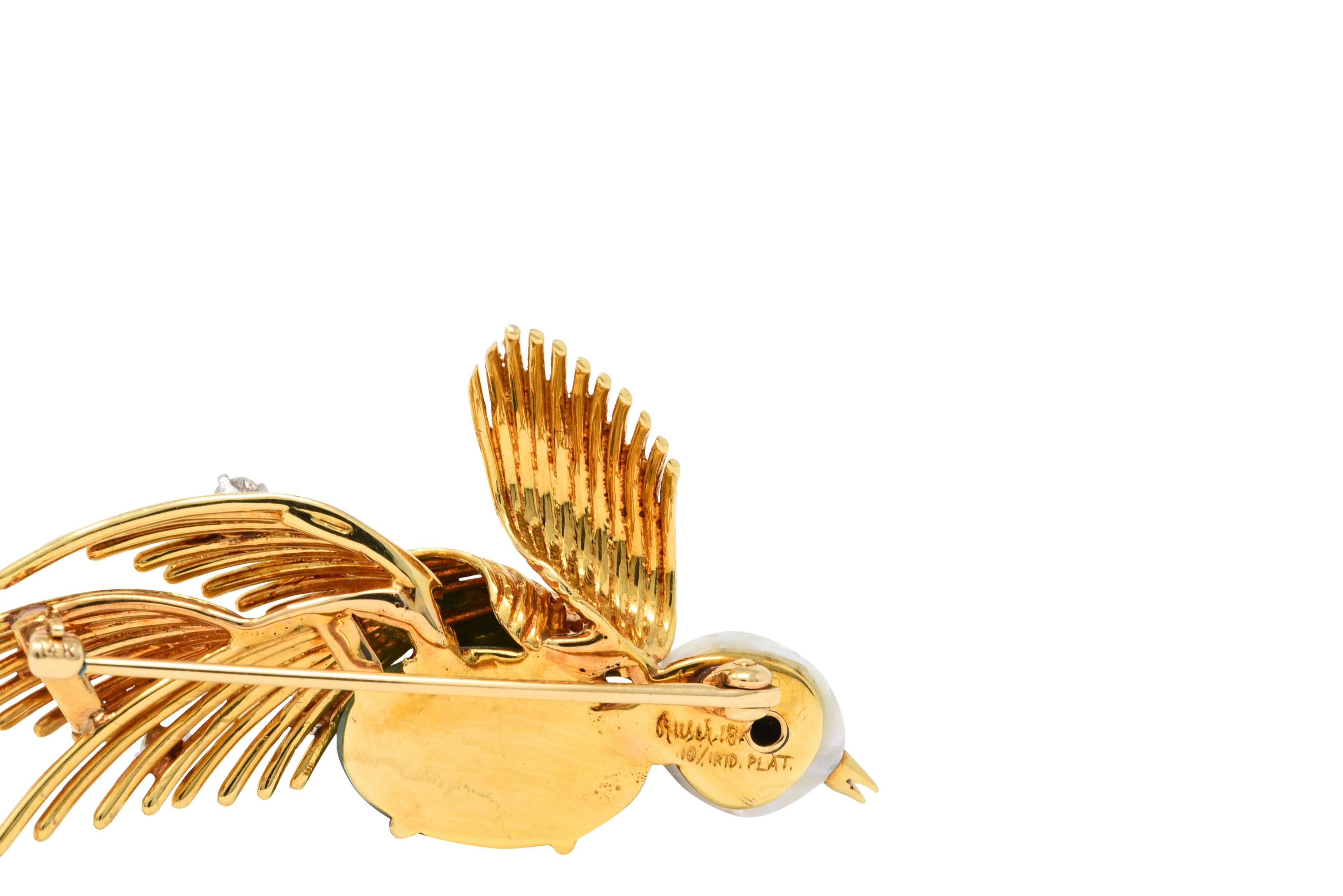 Ruser Jade Baroque Pearl Diamond Sapphire Platinum 18 Karat Gold Bird Brooch Circa 1960Brooch - Wilson's Estate Jewelry