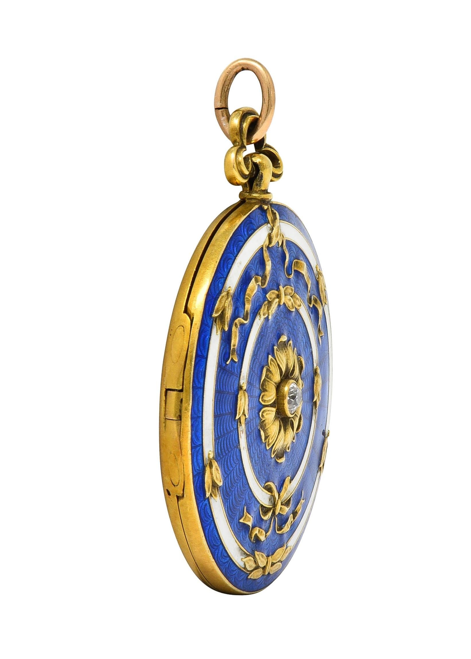 Henry Blank & Co. Belle Époque Diamond Guilloche Enamel 14 Karat Gold Locket