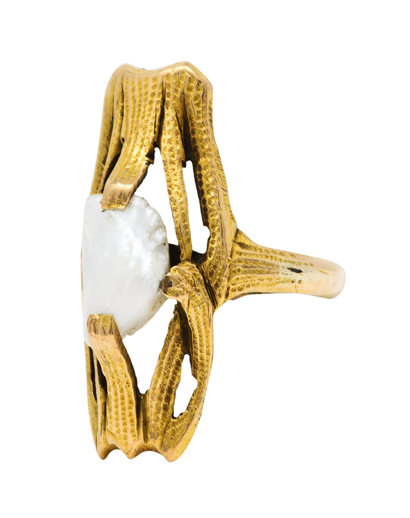Arts & Crafts Baroque Pearl 14 Karat Gold Foliate RingRing - Wilson's Estate Jewelry
