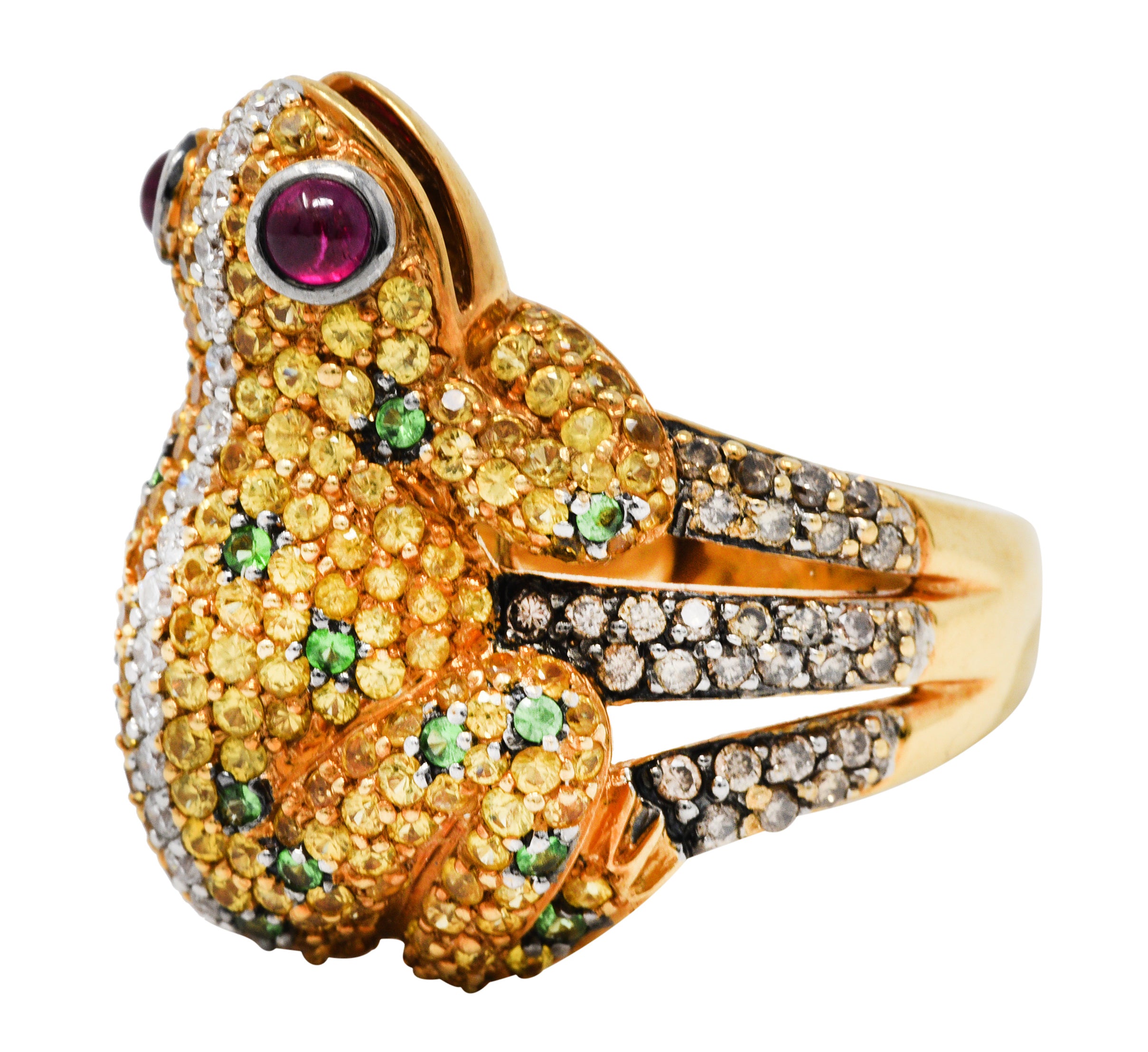 Contemporary 5.54 CTW Diamond Sapphire Tsavorite Ruby 18 Karat Gold Frog RingRing - Wilson's Estate Jewelry