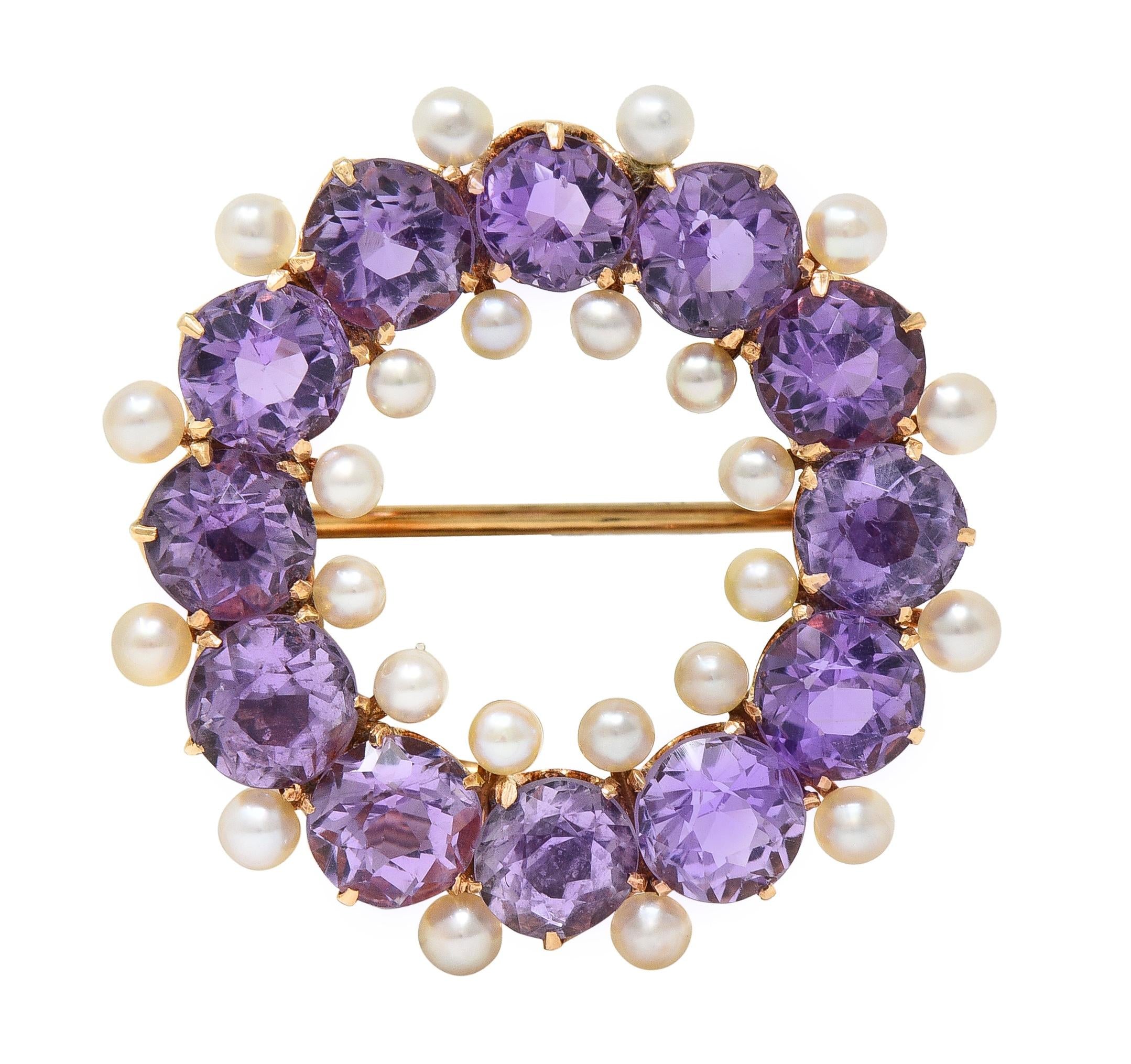 Victorian Amethyst Pearl 14 Karat Yellow Gold Antique Circle Brooch