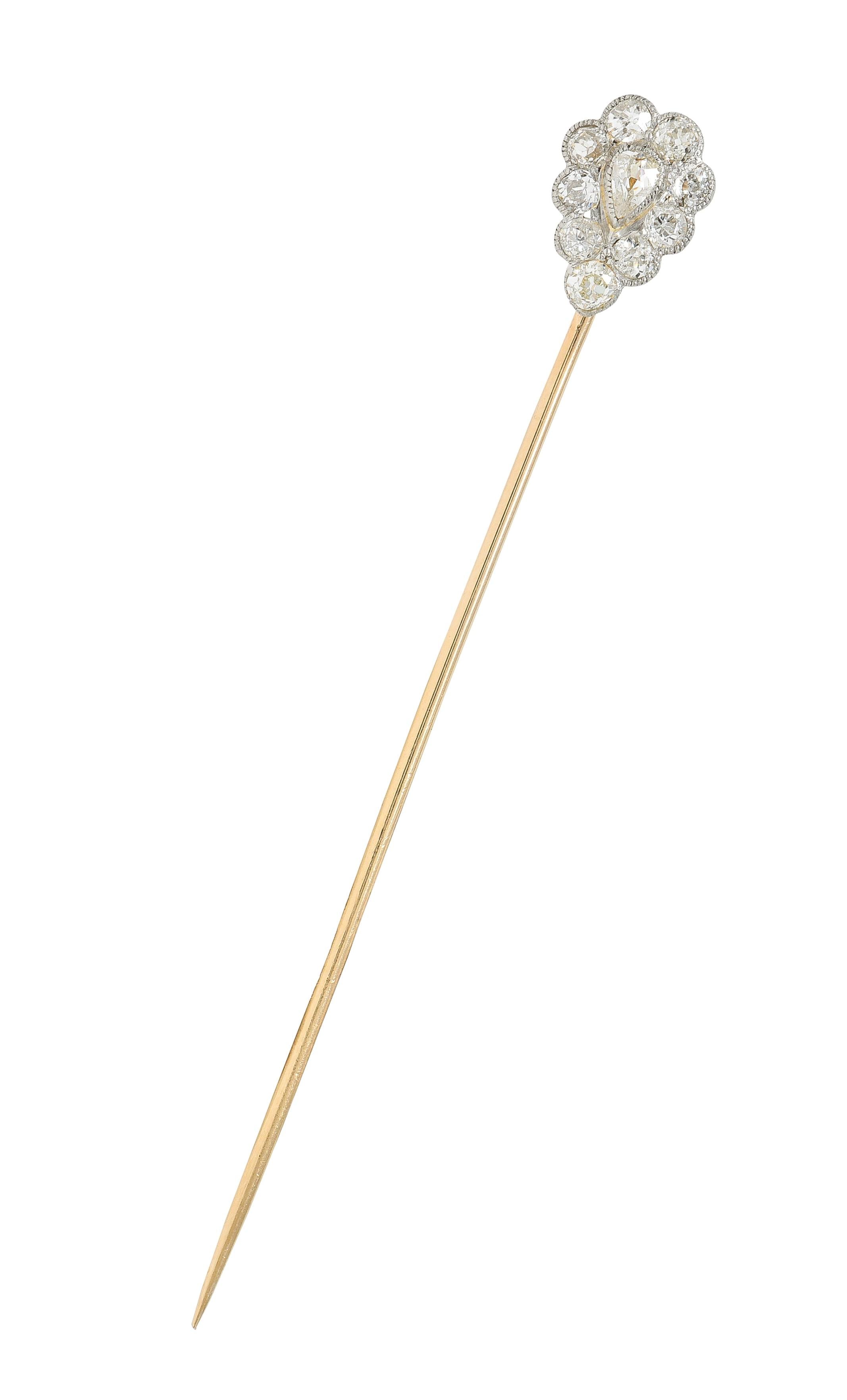 Edwardian Diamond Platinum 14 Karat Yellow Gold Antique Pear Stickpin