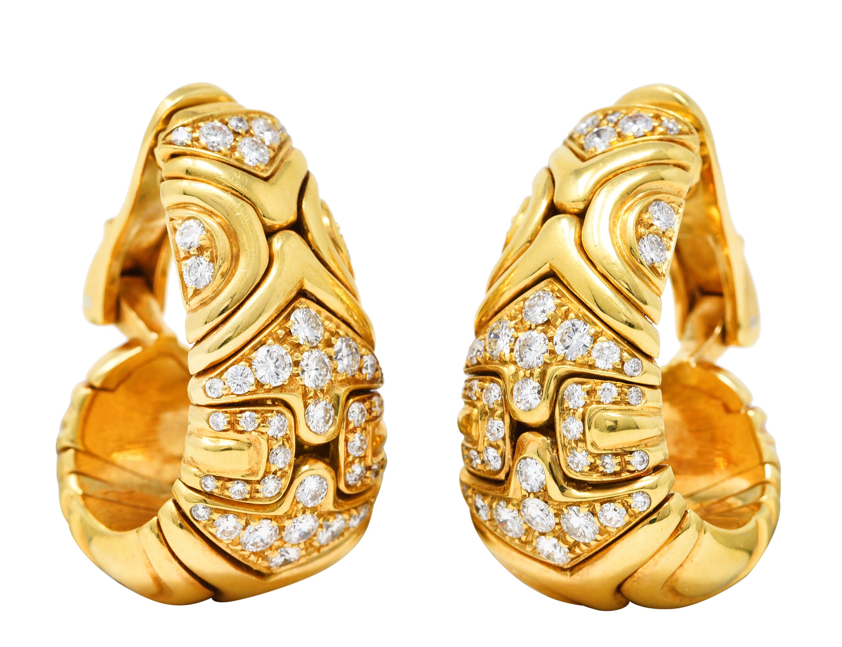 Bulgari 1989 2.04 CTW Diamond 18 Karat Yellow Gold Parentesi Vintage J-Hoop Ear-Clip Earrings Wilson's Estate Jewelry