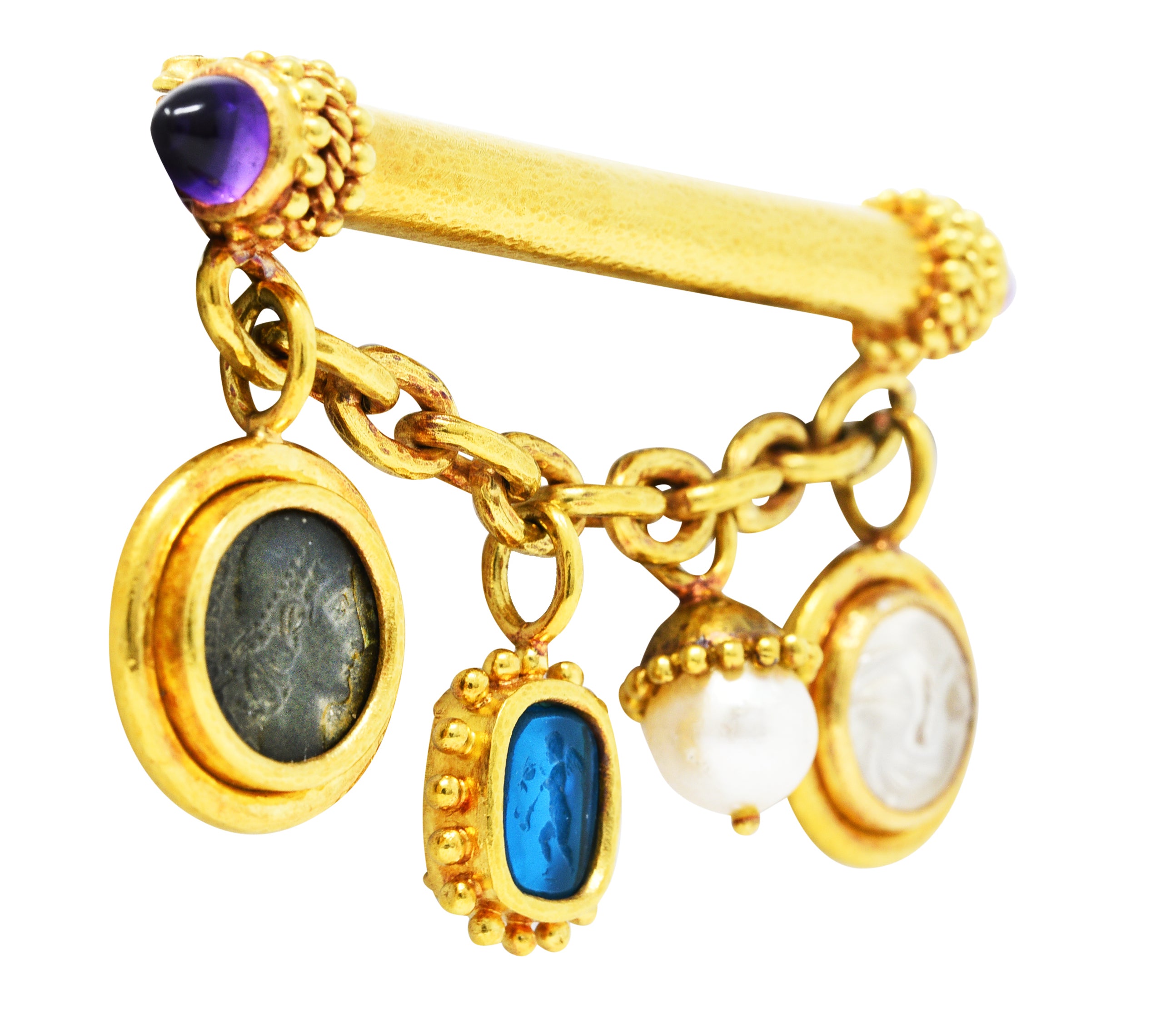 Elizabeth Locke Amethyst Pearl 18 Karat Gold Swagged Charm Bar BroochBrooch - Wilson's Estate Jewelry