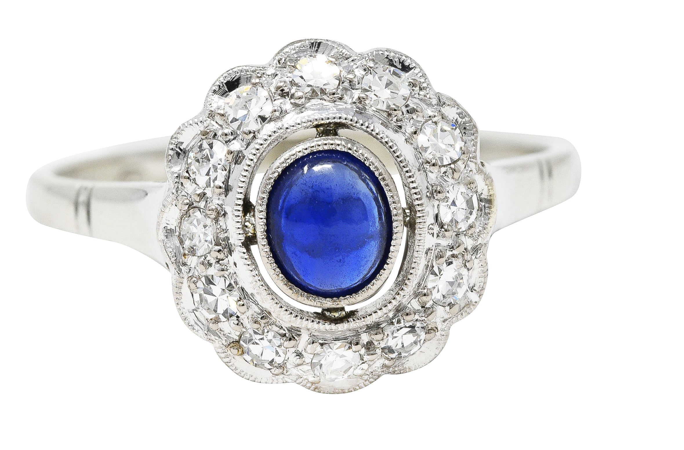 Art Deco 0.80 CTW Sapphire Cabochon Diamond 18 Karat White Gold Cluster Ring Wilson's Estate Jewelry