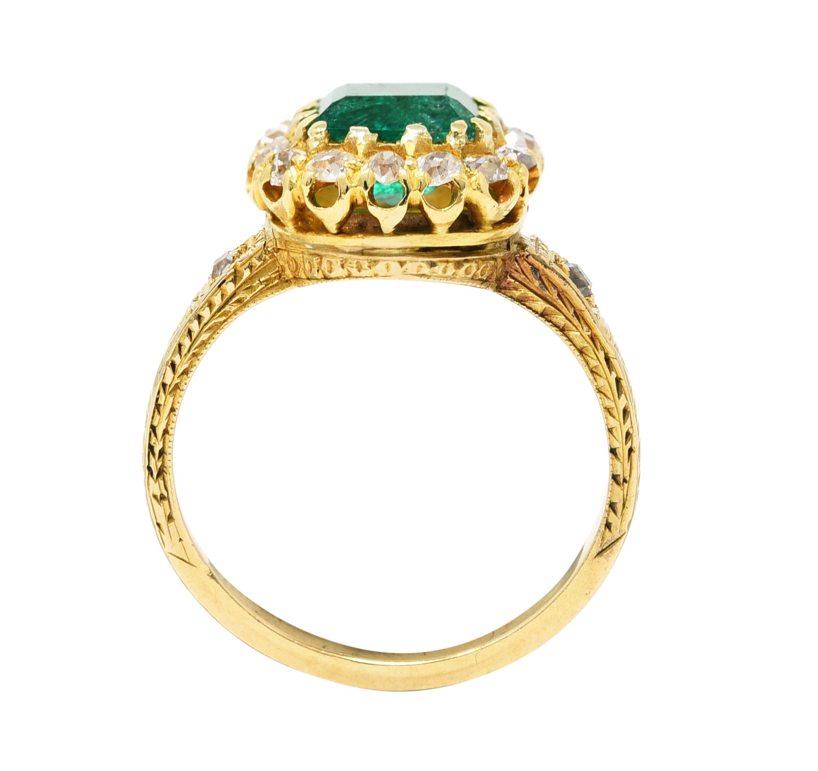 Victorian 2.12 CTW Emerald Old Mine Cut Diamond 14 Karat Yellow Gold Wheat Antique Halo Ring Wilson's Estate Jewelry