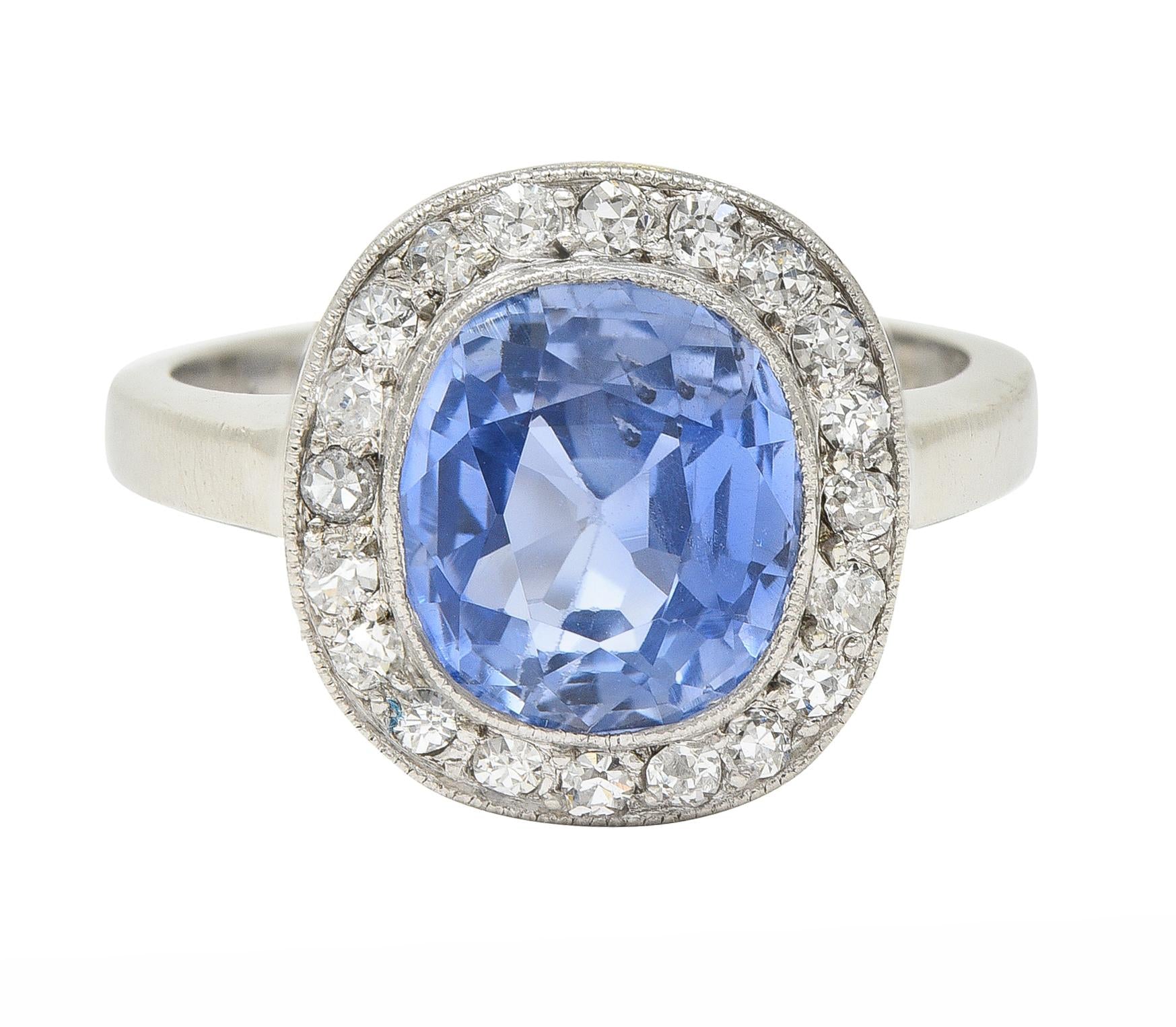 Art Deco 4.11 CTW No Heat Ceylon Sapphire Diamond 14 Karat Gold Halo Ring GIA