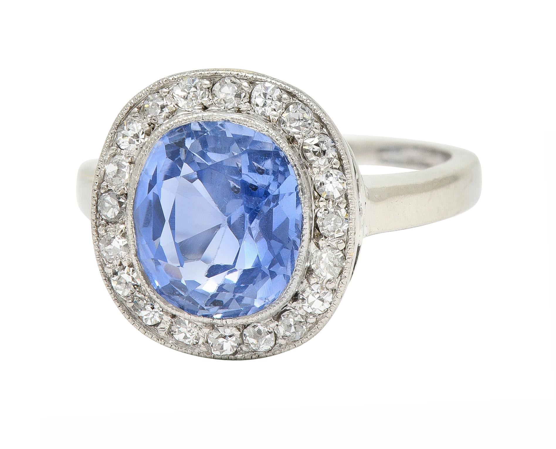 Art Deco 4.11 CTW No Heat Ceylon Sapphire Diamond 14 Karat Gold Halo Ring GIA