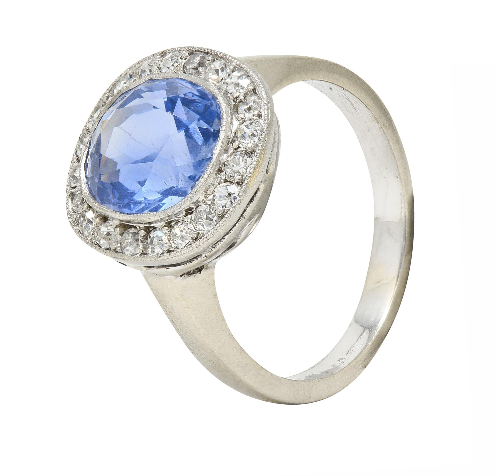 Art Deco 4.11 CTW No Heat Ceylon Sapphire Diamond 14 Karat Gold Halo Ring GIA