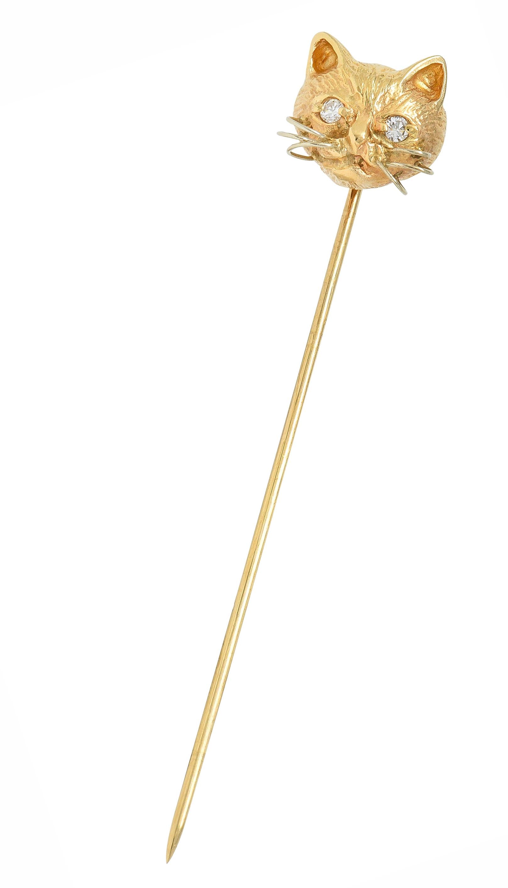 1960's Diamond 14 Karat Yellow Gold Vintage Cat Stickpin