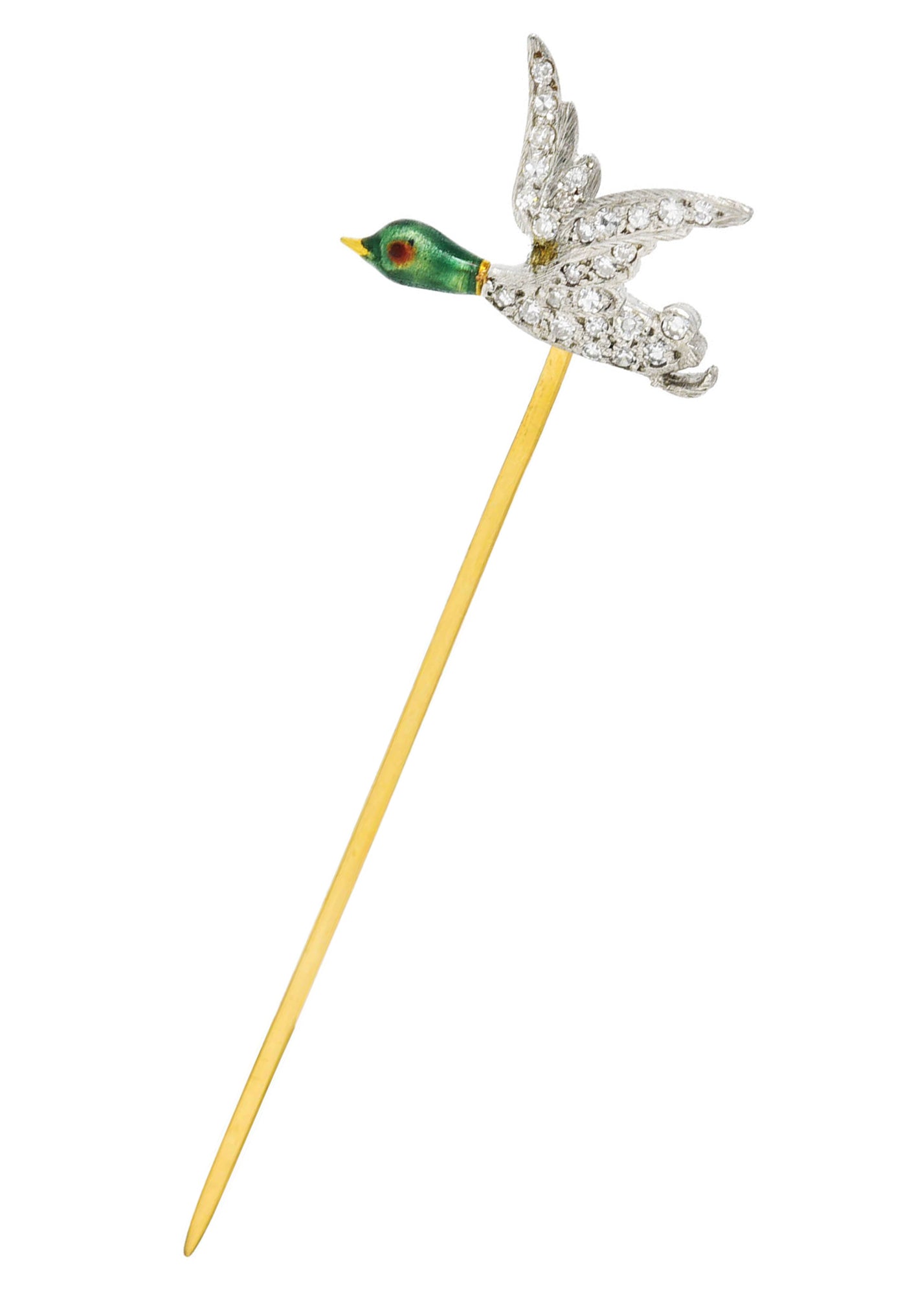 Mcteigue Vintage Diamond Enamel Platinum 18 Karat Gold Mallard Duck Stickpin Wilson's Estate Jewelry