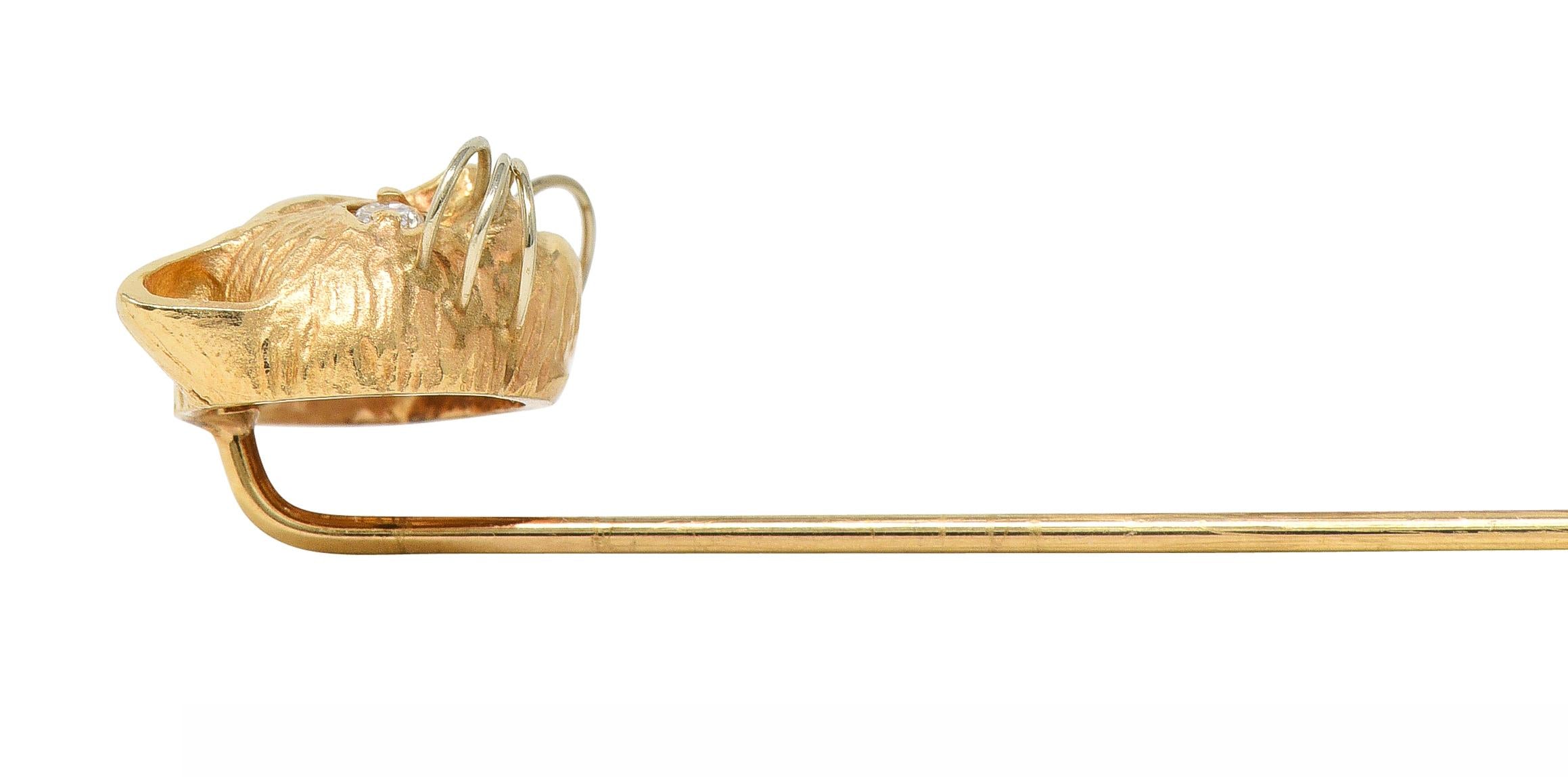 1960's Diamond 14 Karat Yellow Gold Vintage Cat Stickpin