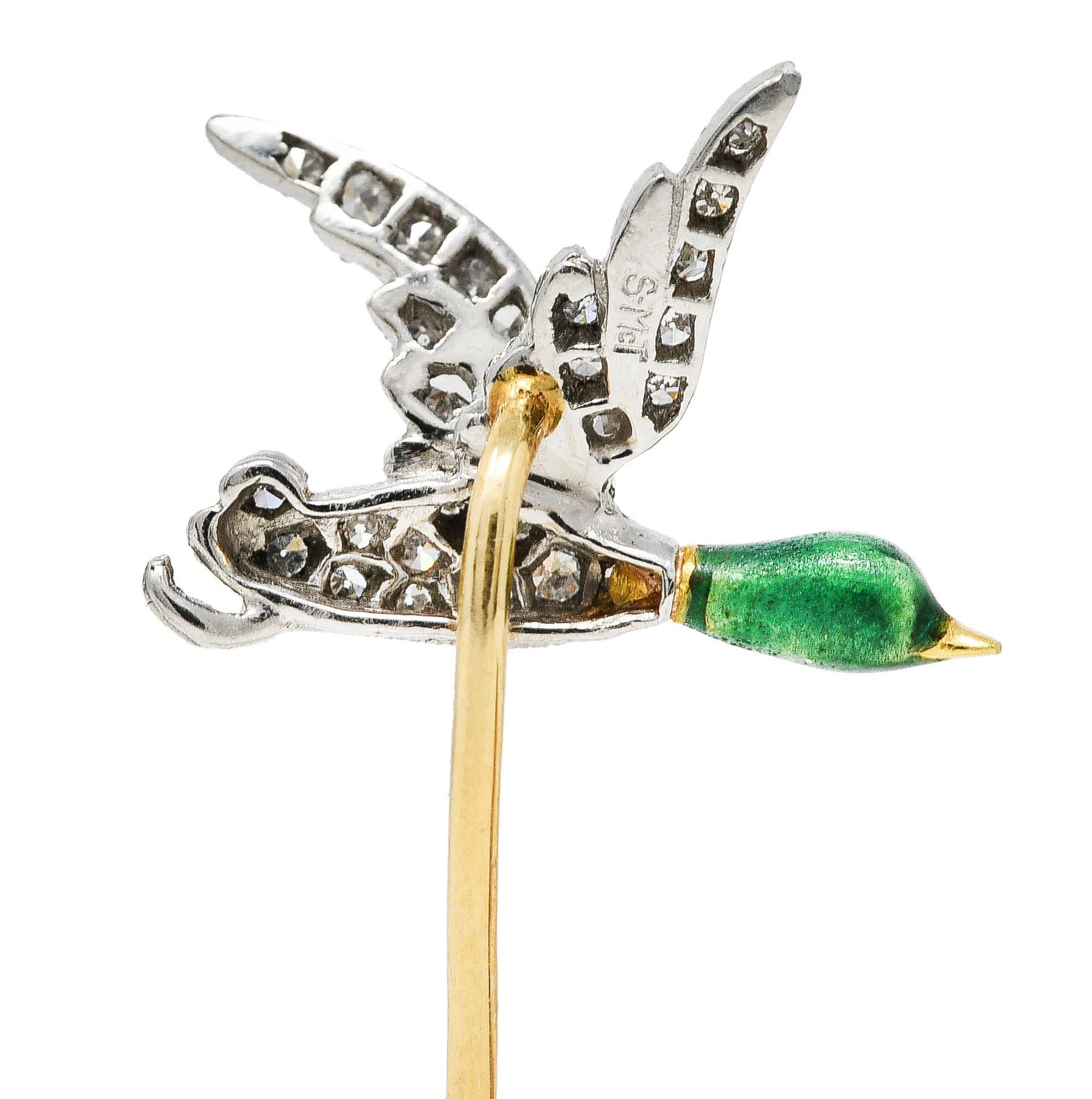 Mcteigue Vintage Diamond Enamel Platinum 18 Karat Gold Mallard Duck Stickpin Wilson's Estate Jewelry