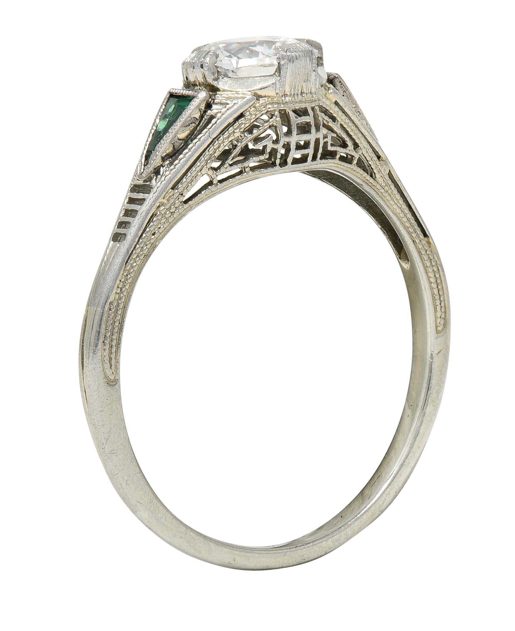 Art Deco .65 CTW Old European Cut Diamond Emerald 18 Karat Engagement Ring