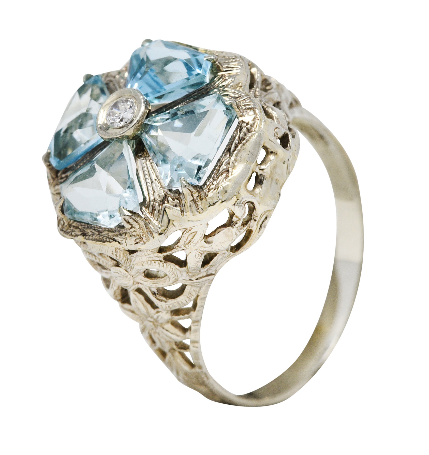 Early Art Deco 1.38 CTW Aquamarine Diamond 14 Karat White Gold Clover RingRing - Wilson's Estate Jewelry