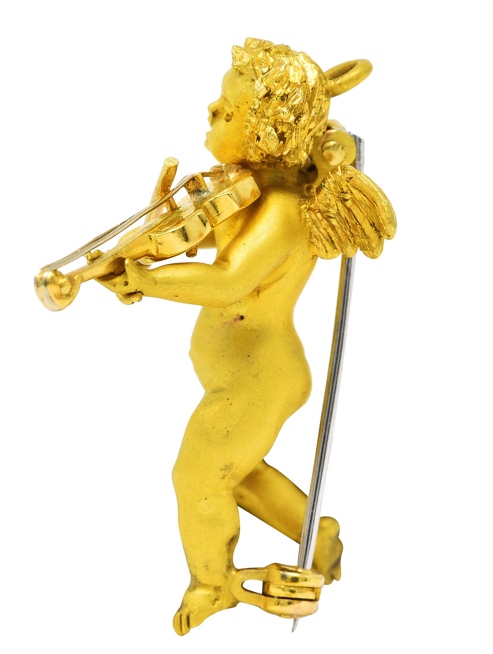 1960's 18 Karat Yellow Gold Cherub Violin Vintage Pendant Brooch Wilson's Estate Jewelry