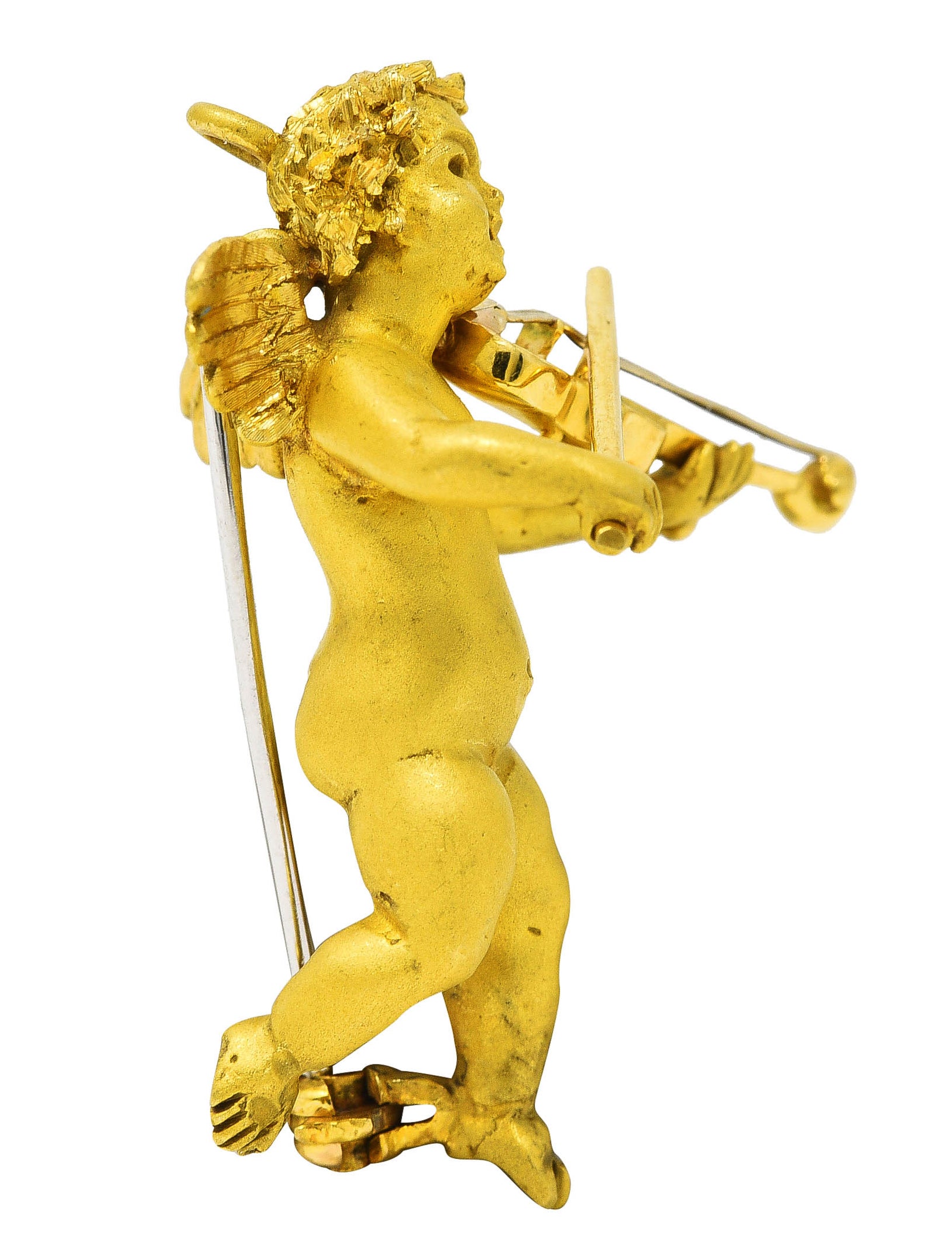 1960's 18 Karat Yellow Gold Cherub Violin Vintage Pendant Brooch Wilson's Estate Jewelry