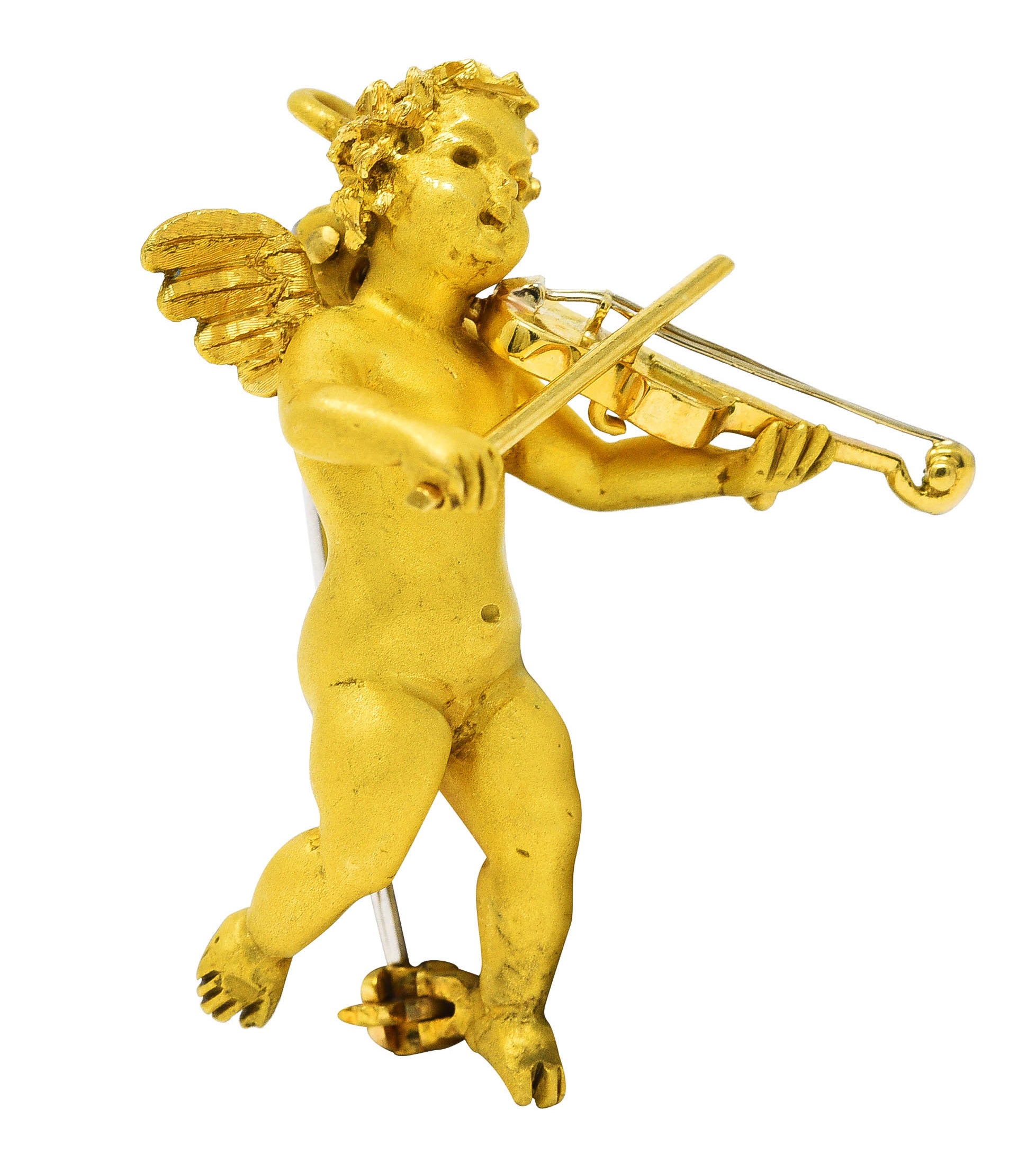 1960's 18 Karat Yellow Gold Cherub Violin Vintage Pendant Brooch Wilson's Estate Jewelry