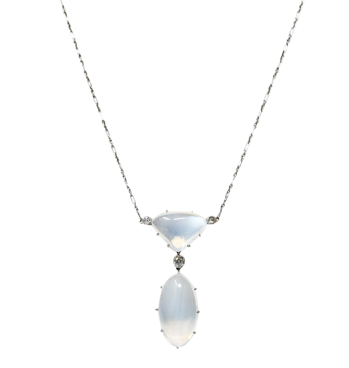 Art Deco Old Mine Diamond Moonstone Platinum Drop Antique Station Necklace Wilson's Estate Jewelry