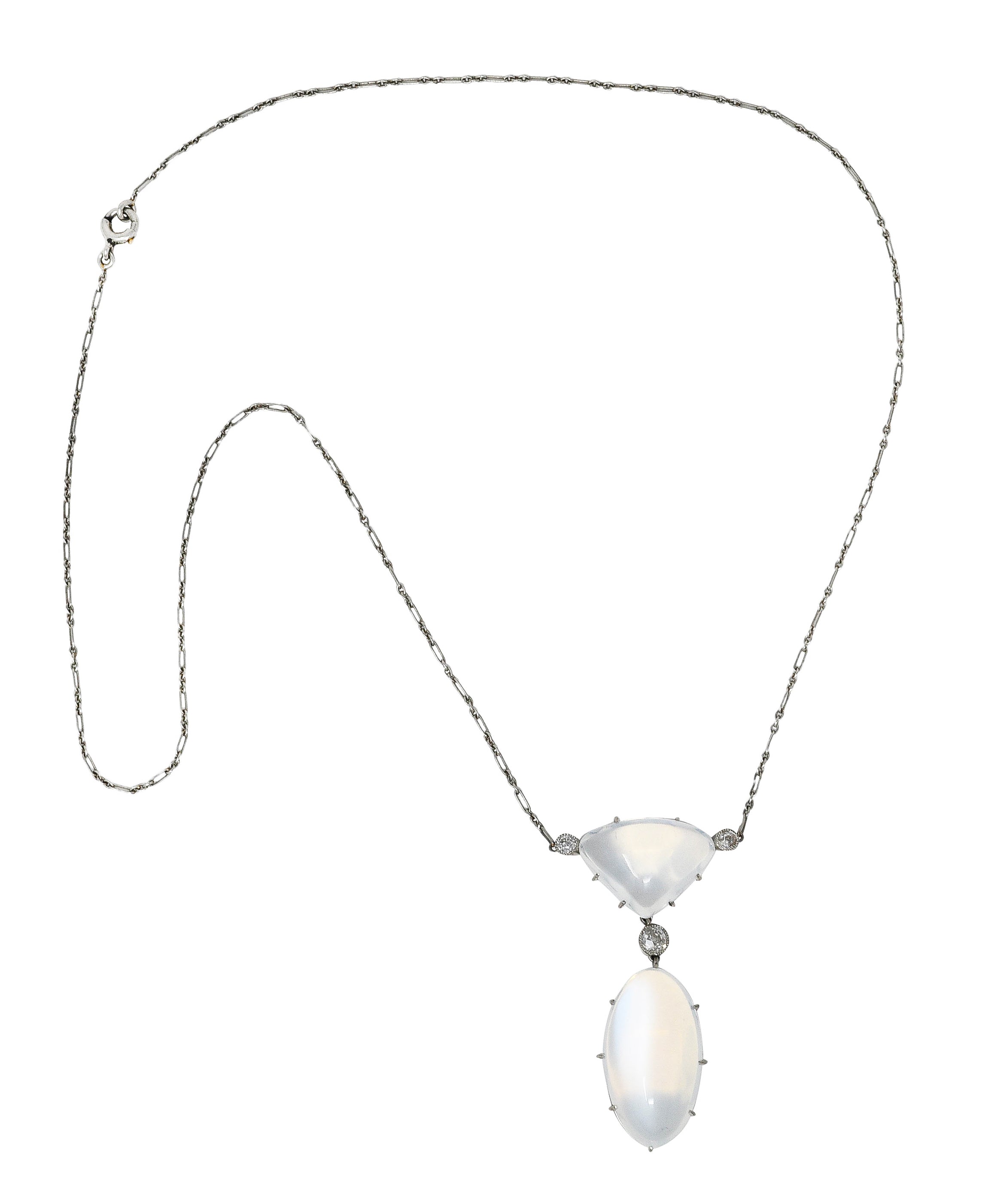 Art Deco Old Mine Diamond Moonstone Platinum Drop Antique Station Necklace Wilson's Estate Jewelry