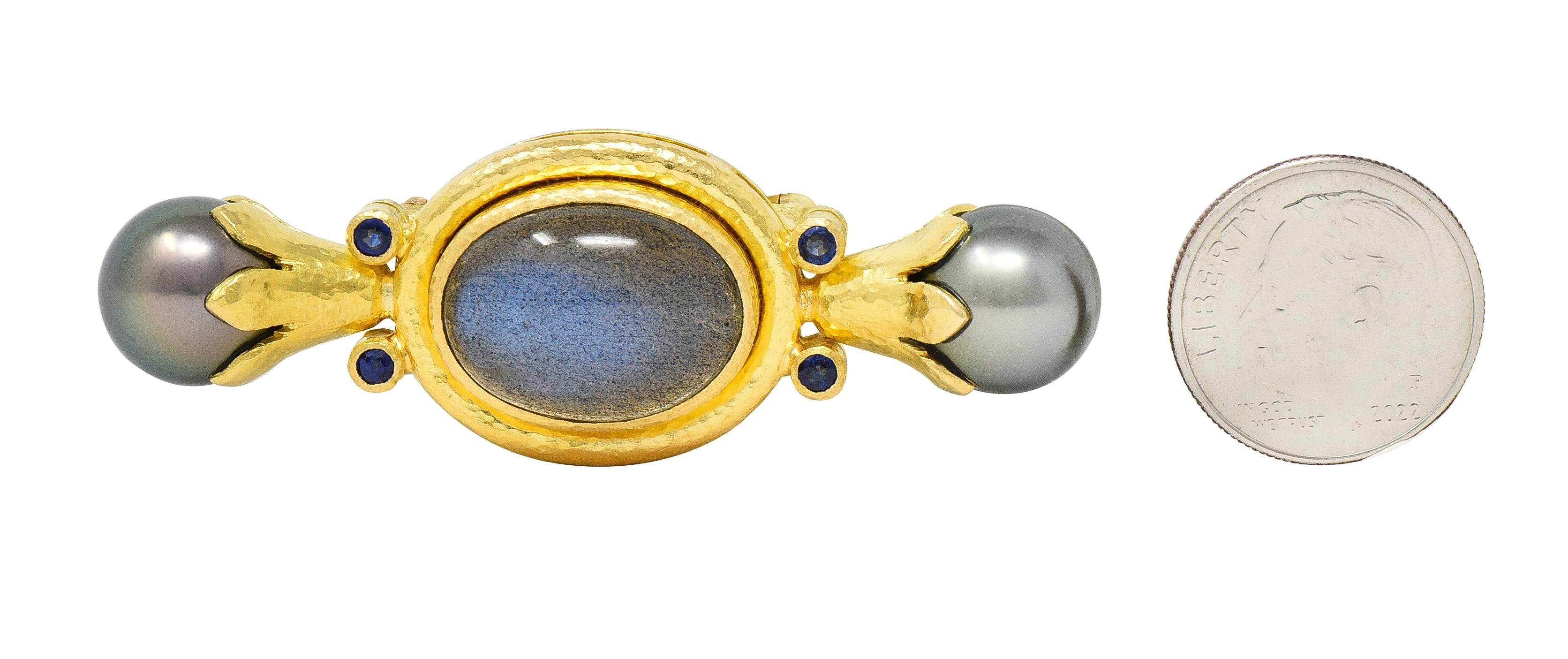 Elizabeth Locke Labradorite Pearl Sapphire 18 Karat Yellow Gold Bar Brooch