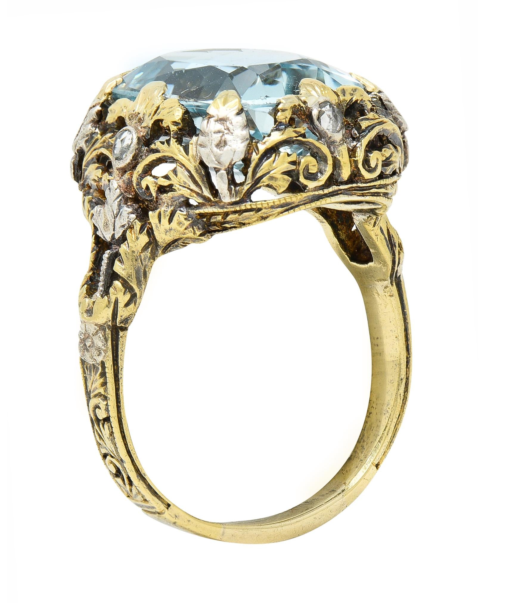 Victorian 6.52 CTW Aquamarine Diamond 14 Karat Gold Silver Floral Antique Ring