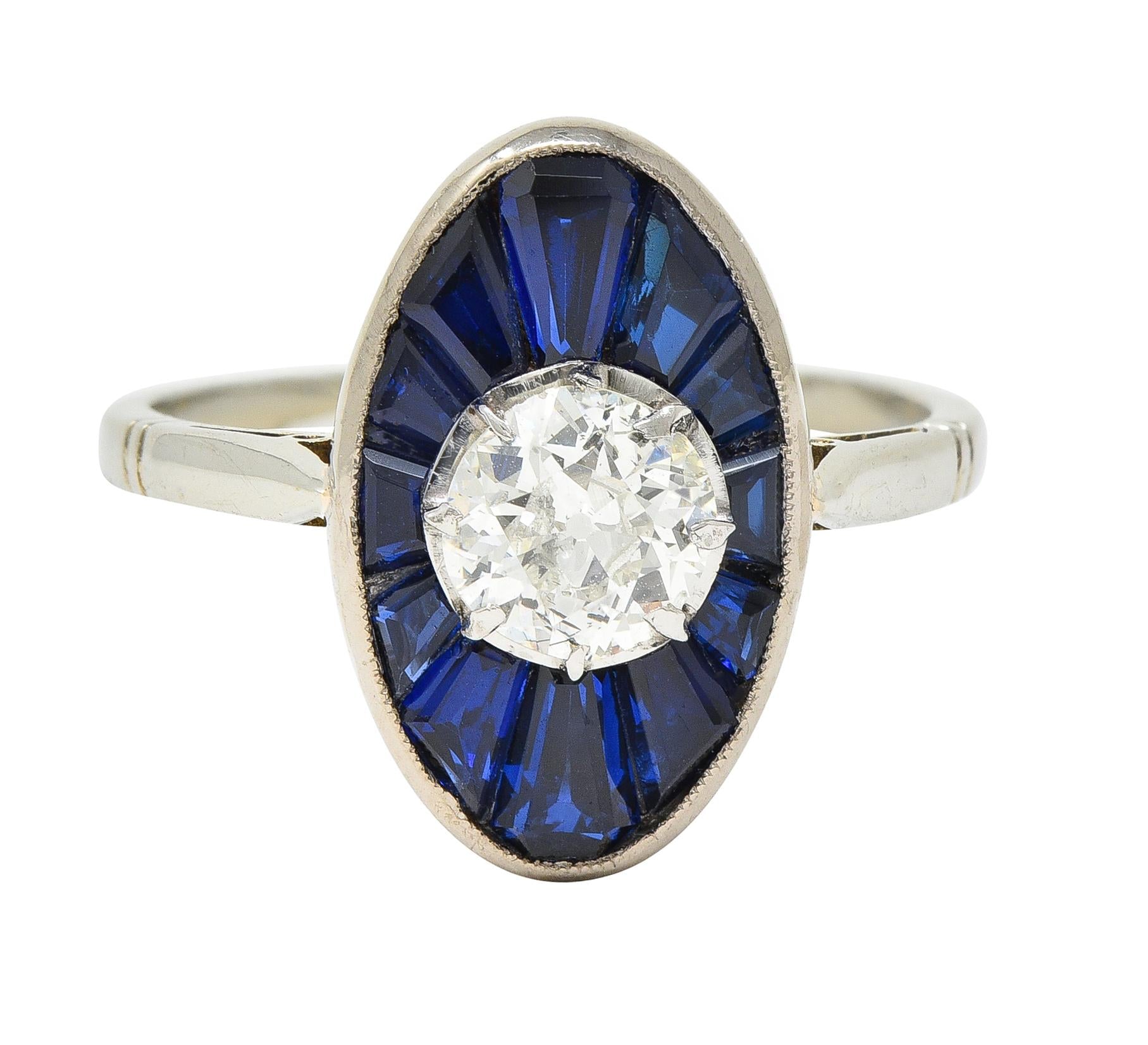 Art Deco French Old European Cut Diamond 18 Karat Gold Sapphire Dinner Ring