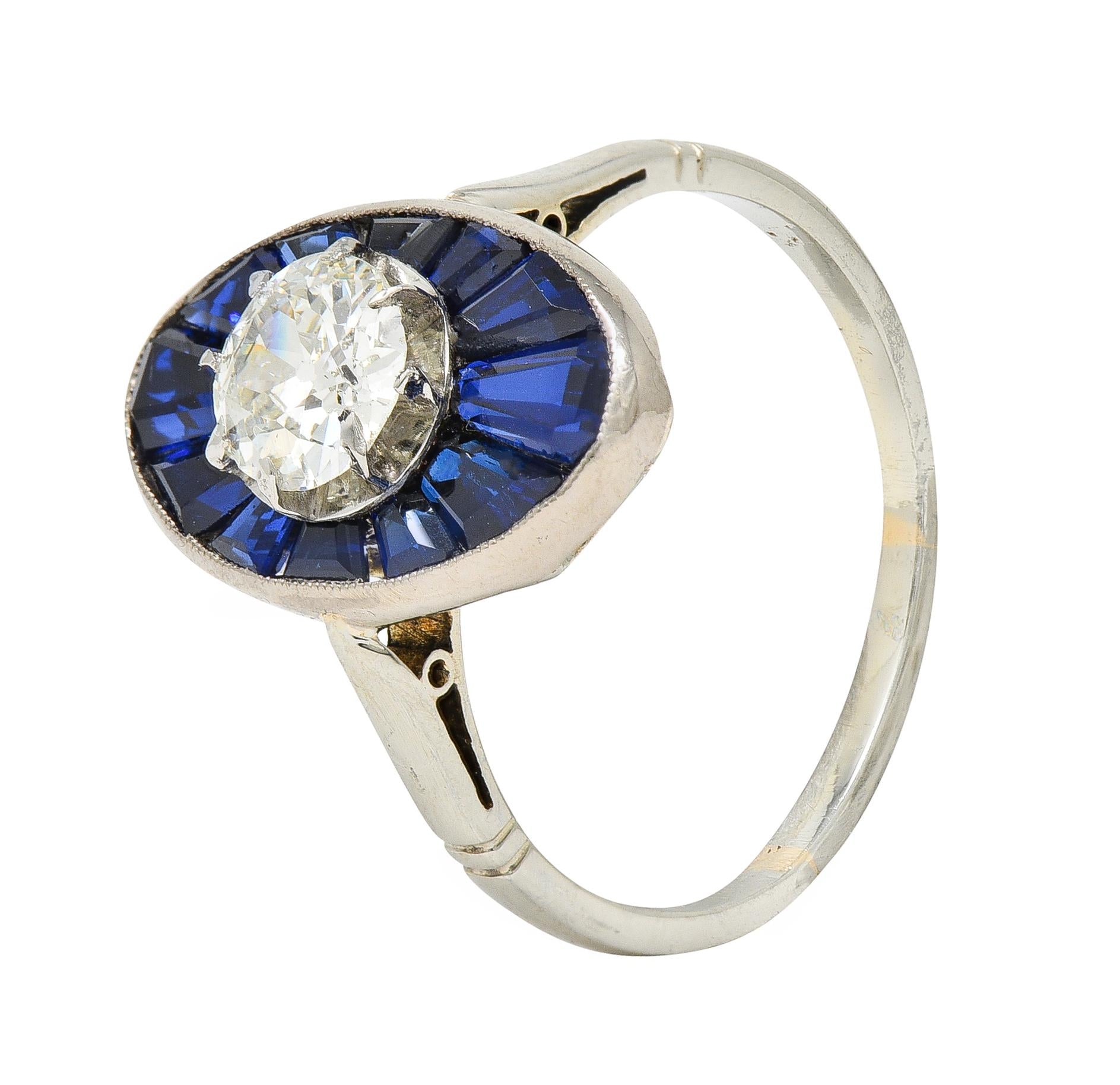 Art Deco French Old European Cut Diamond 18 Karat Gold Sapphire Dinner Ring