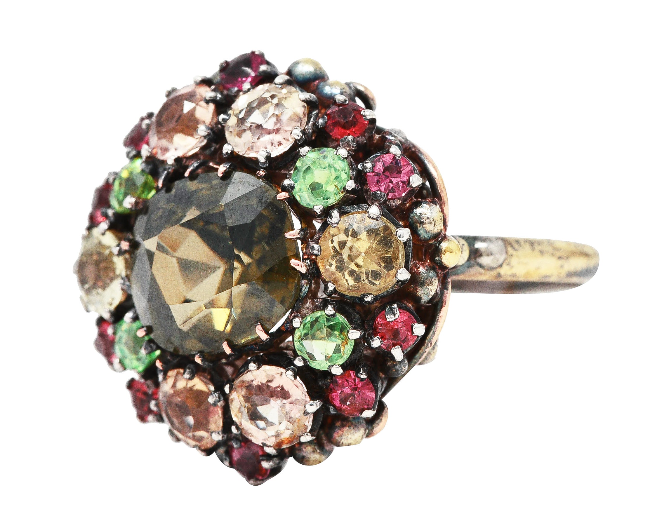 Arts & Crafts Antique Zircon Beryl Garnet Multi-Gem 18 Karat Yellow Gold Silver Cluster Ring Wilson's Estate Jewelry