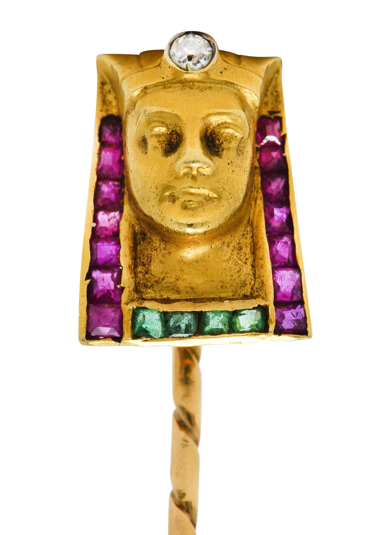 Egyptian Revival Diamond Ruby Emerald 18 Karat Gold Pharaoh StickpinStick Pin - Wilson's Estate Jewelry