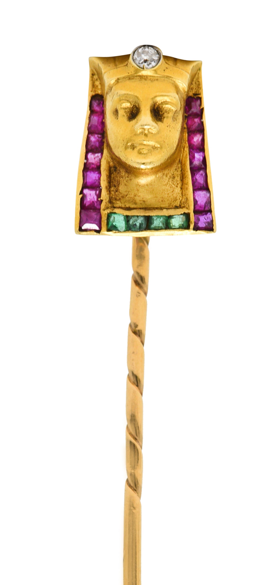 Egyptian Revival Diamond Ruby Emerald 18 Karat Gold Pharaoh StickpinStick Pin - Wilson's Estate Jewelry