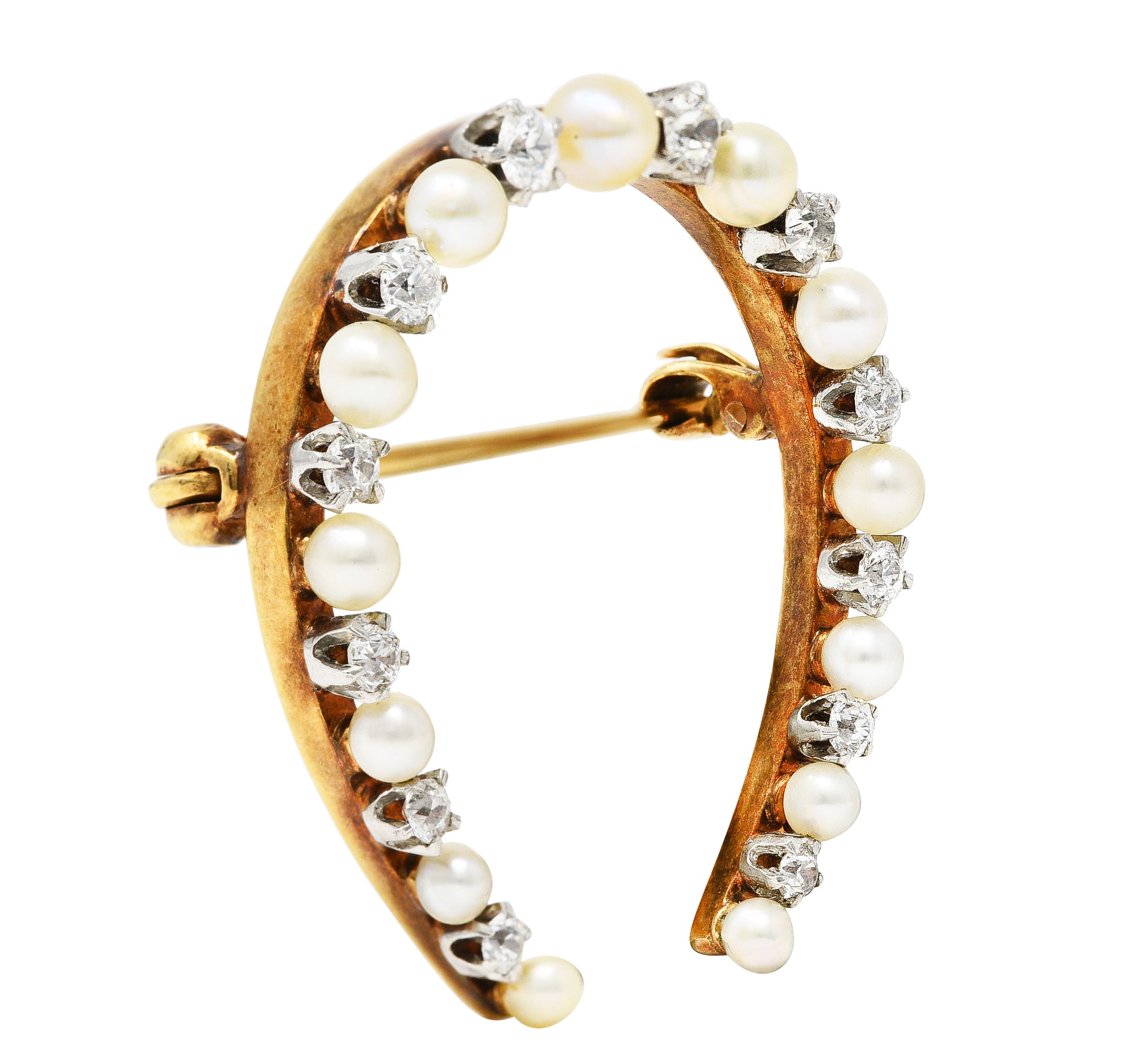 Kohn & Co. Edwardian 0.62 CTW Old European Cut Diamond Pearl Platinum 14 Karat Yellow Gold Antique Horseshoe Brooch Wilson's Estate Jewelry