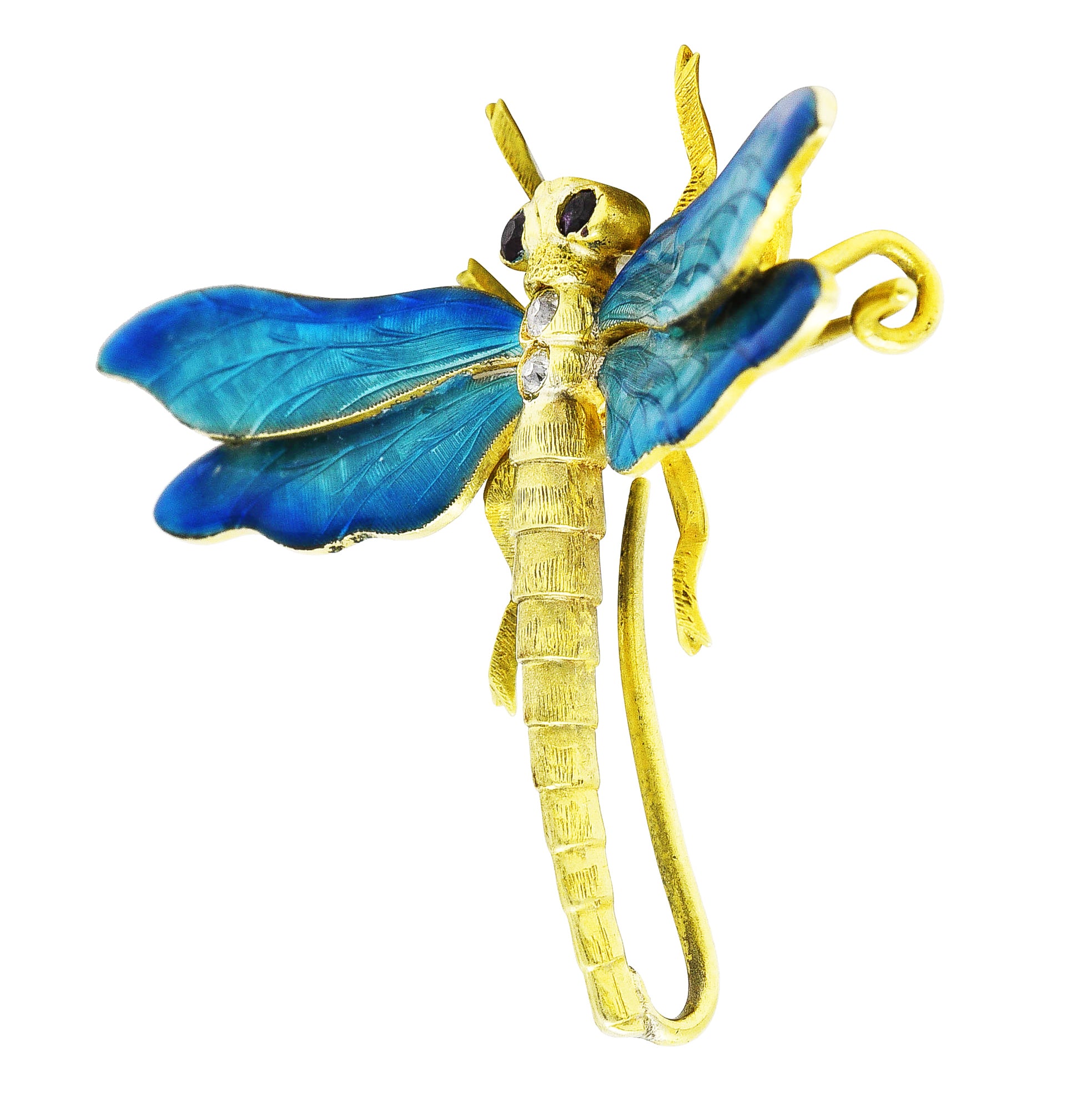 Riker Brothers Art Nouveau Ruby Diamond Guilloche Enamel 14 Karat Gold Dragonfly Pendant Brooch Wilson's Estate Jewelry