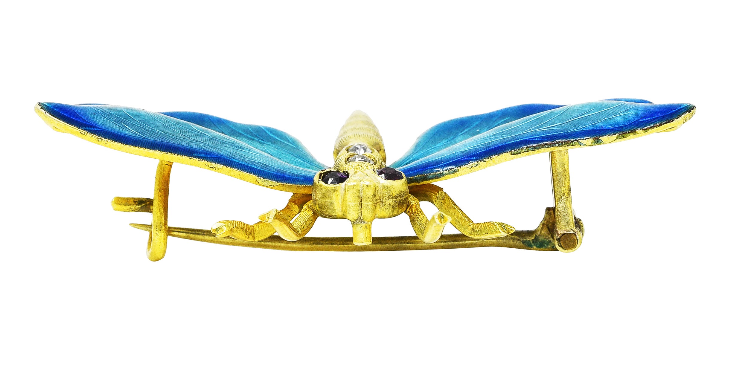 Riker Brothers Art Nouveau Ruby Diamond Guilloche Enamel 14 Karat Gold Dragonfly Pendant Brooch Wilson's Estate Jewelry