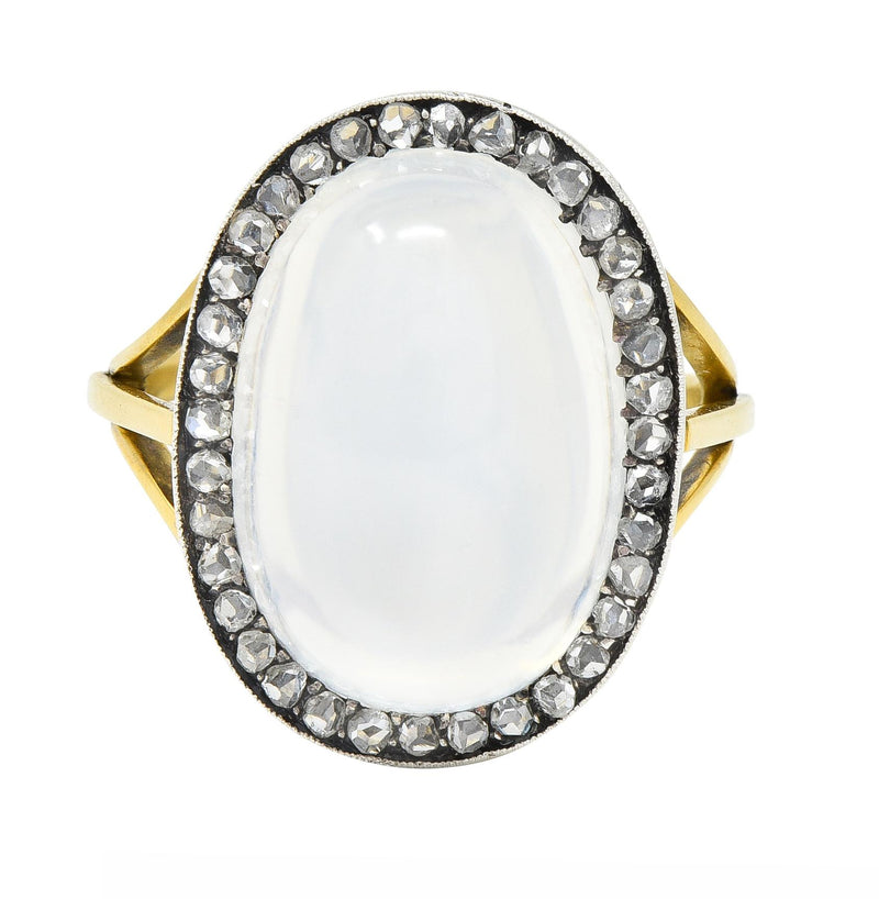 Moonstone Diamond Silver-Topped 18 Karat Yellow Gold Antique Ring
