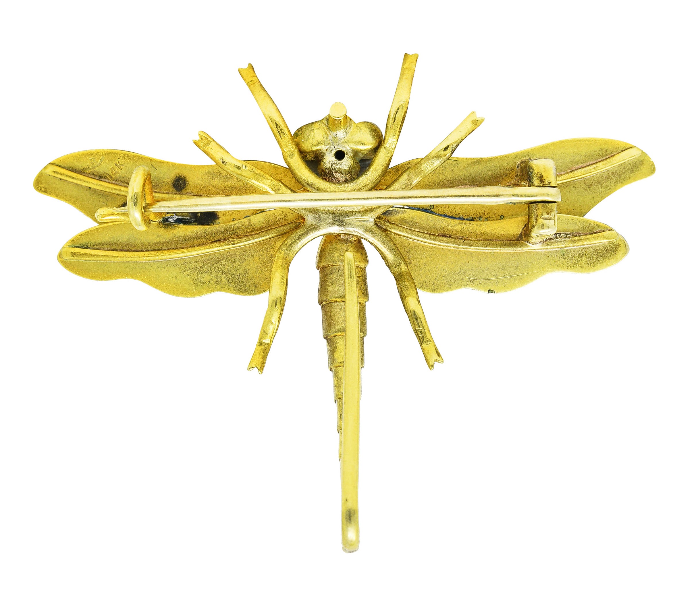 Riker Brothers Art Nouveau Ruby Diamond Guilloche Enamel 14 Karat Gold Dragonfly Pendant Brooch Wilson's Estate Jewelry