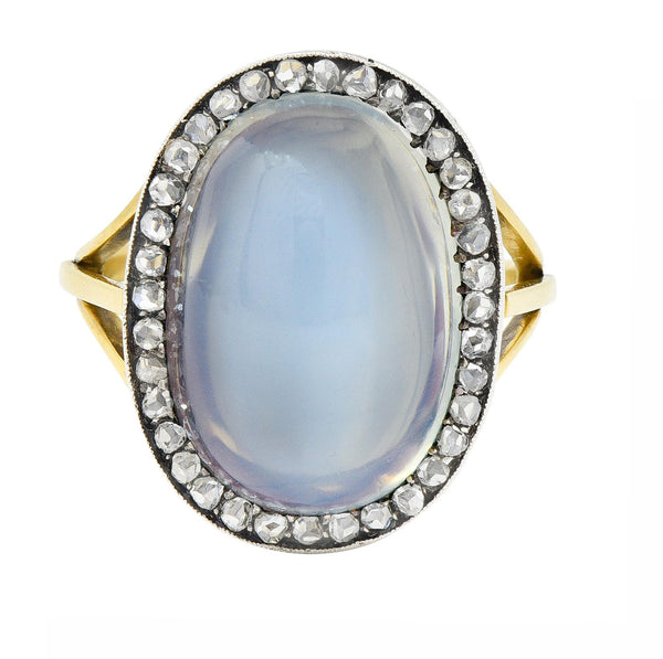 Moonstone Diamond Silver-Topped 18 Karat Yellow Gold Antique Ring