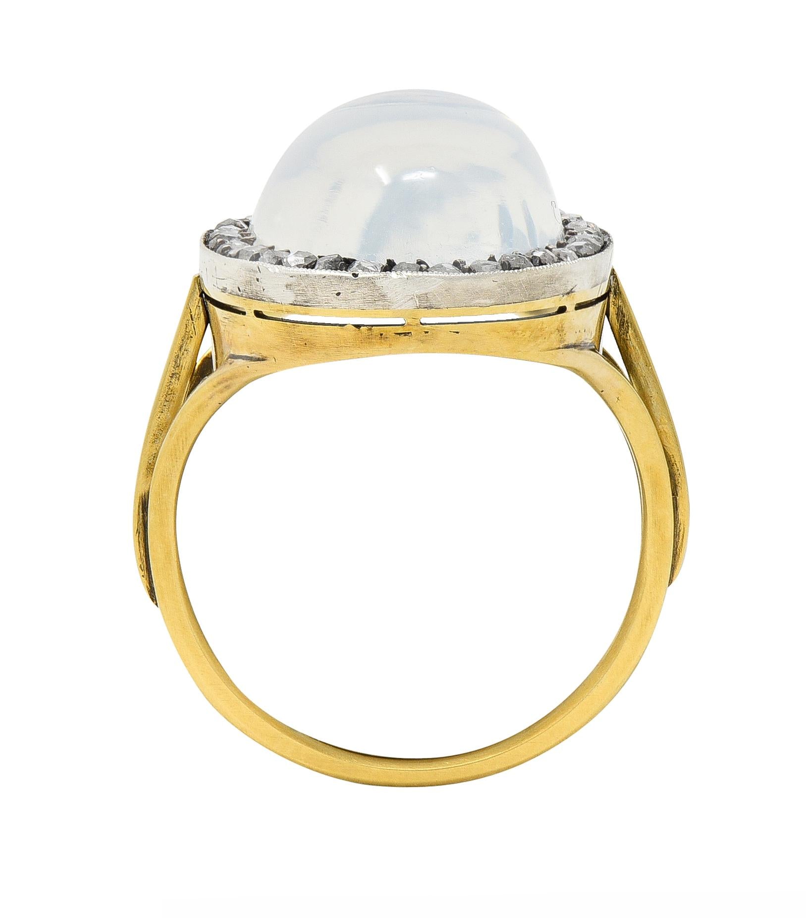 Moonstone Diamond Silver-Topped 18 Karat Yellow Gold Antique Ring