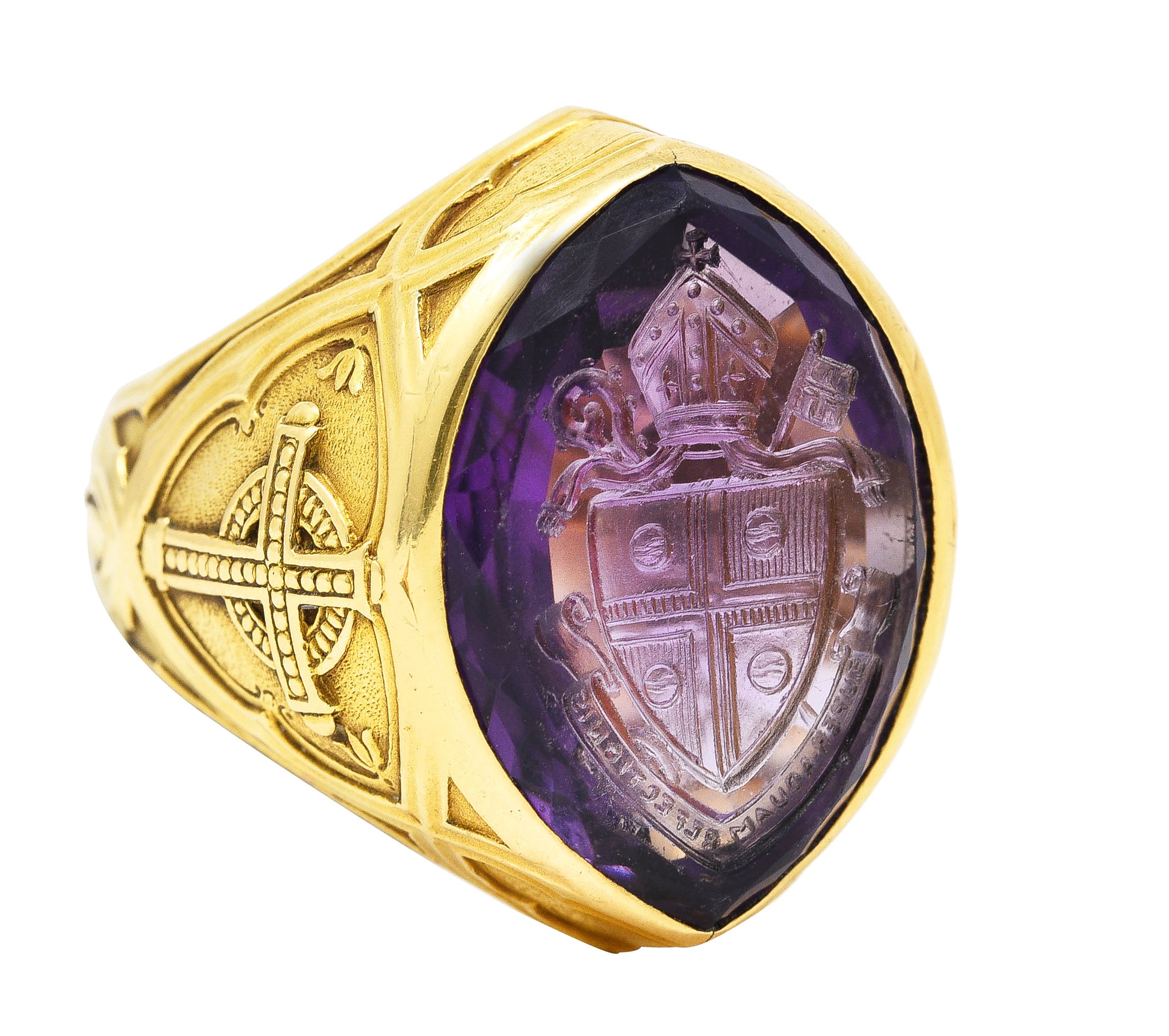 1915 Amethyst 18 Karat Yellow Gold Intaglio Ecclesiastical Bishop's Antique Navette Unisex Ring Wilson's Estate Jewelry