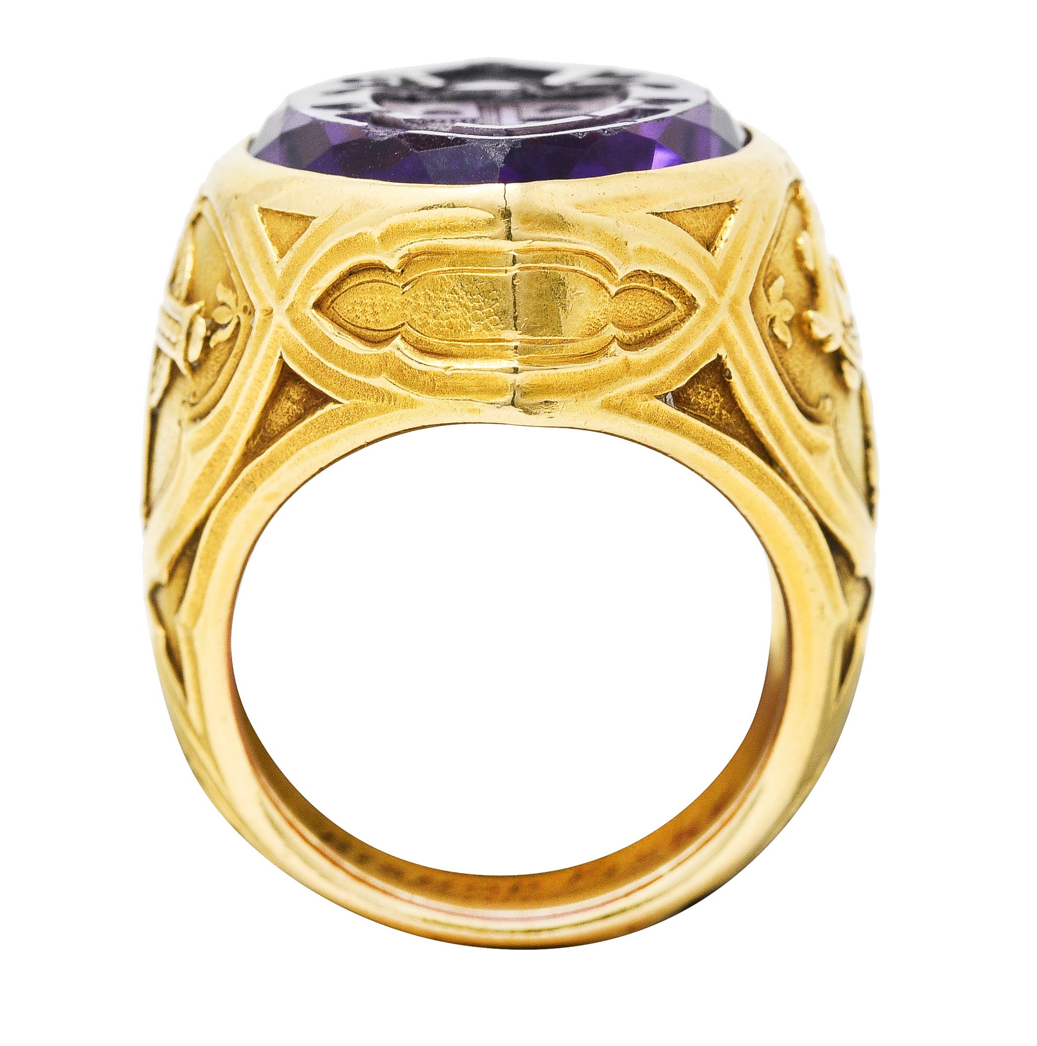 1915 Amethyst 18 Karat Yellow Gold Intaglio Ecclesiastical Bishop's Antique Navette Unisex Ring Wilson's Estate Jewelry