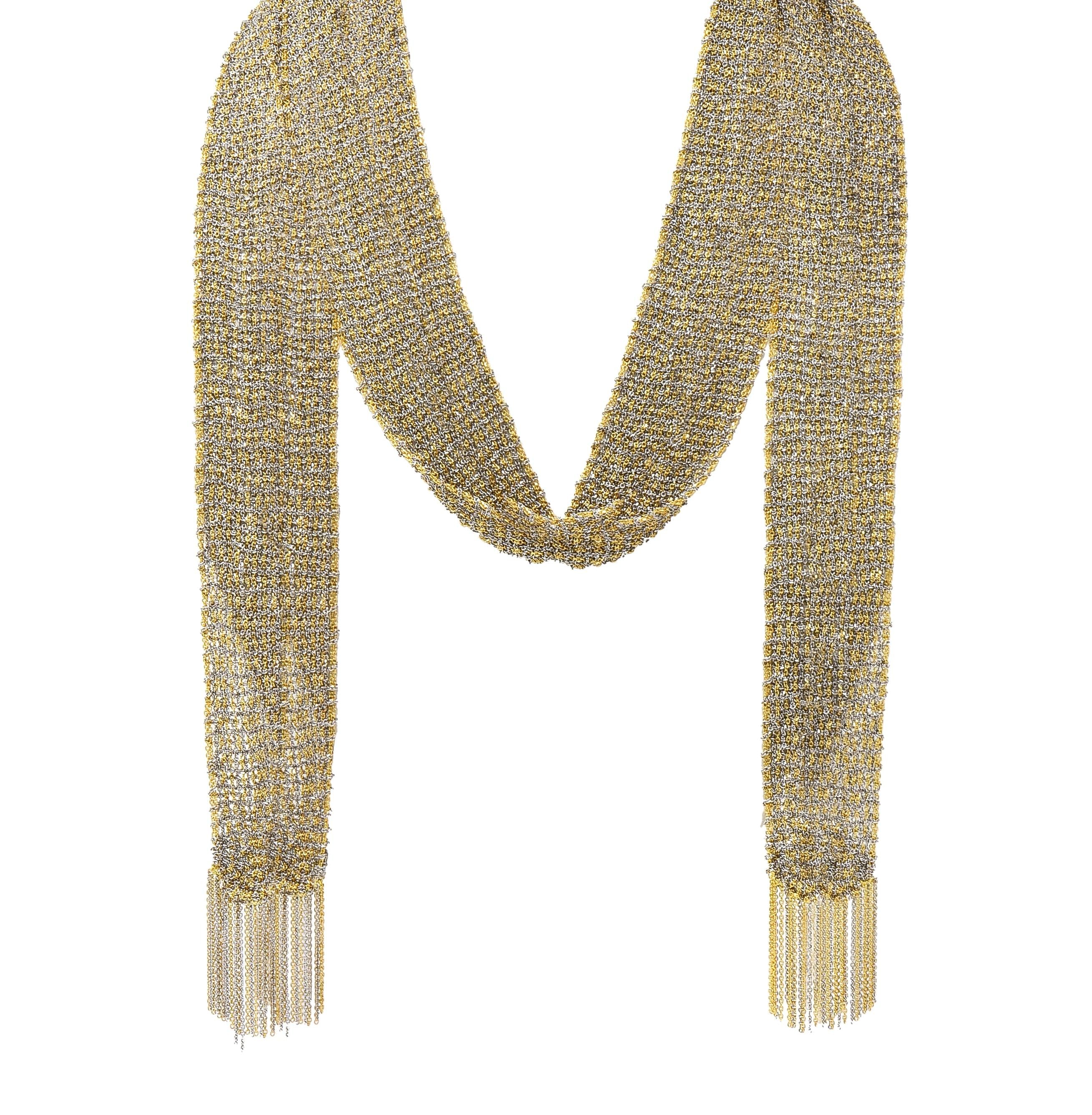 Calgaro 18 Karat Two-Tone Gold Woven Mesh Fringe Scarf Necklace