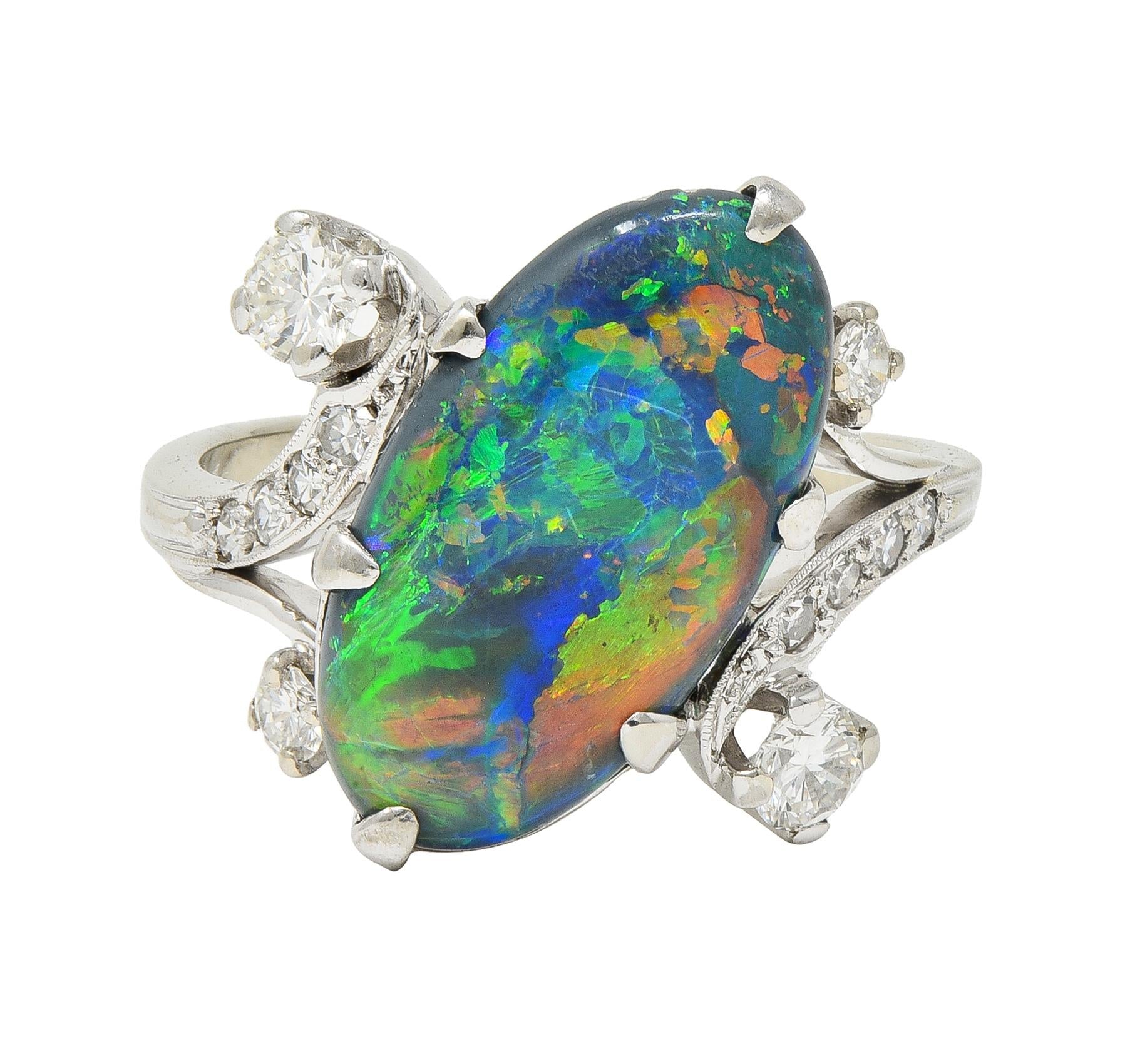 1950's Black Opal Diamond 14 Karat White Gold Scrolling Navette Bypass Ring