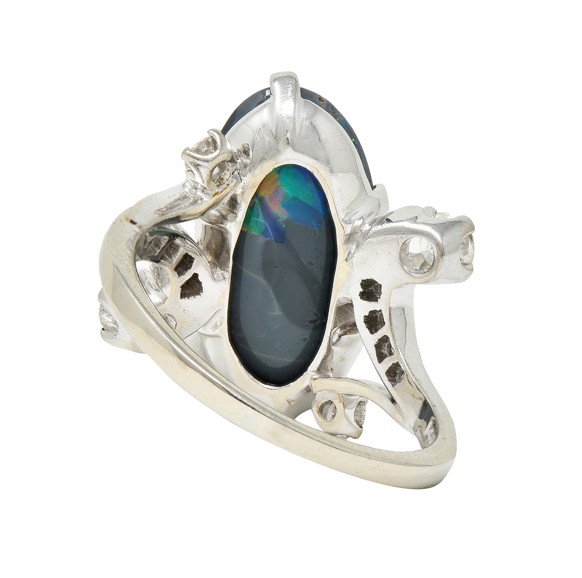 1950's Black Opal Diamond 14 Karat White Gold Scrolling Navette Bypass Ring